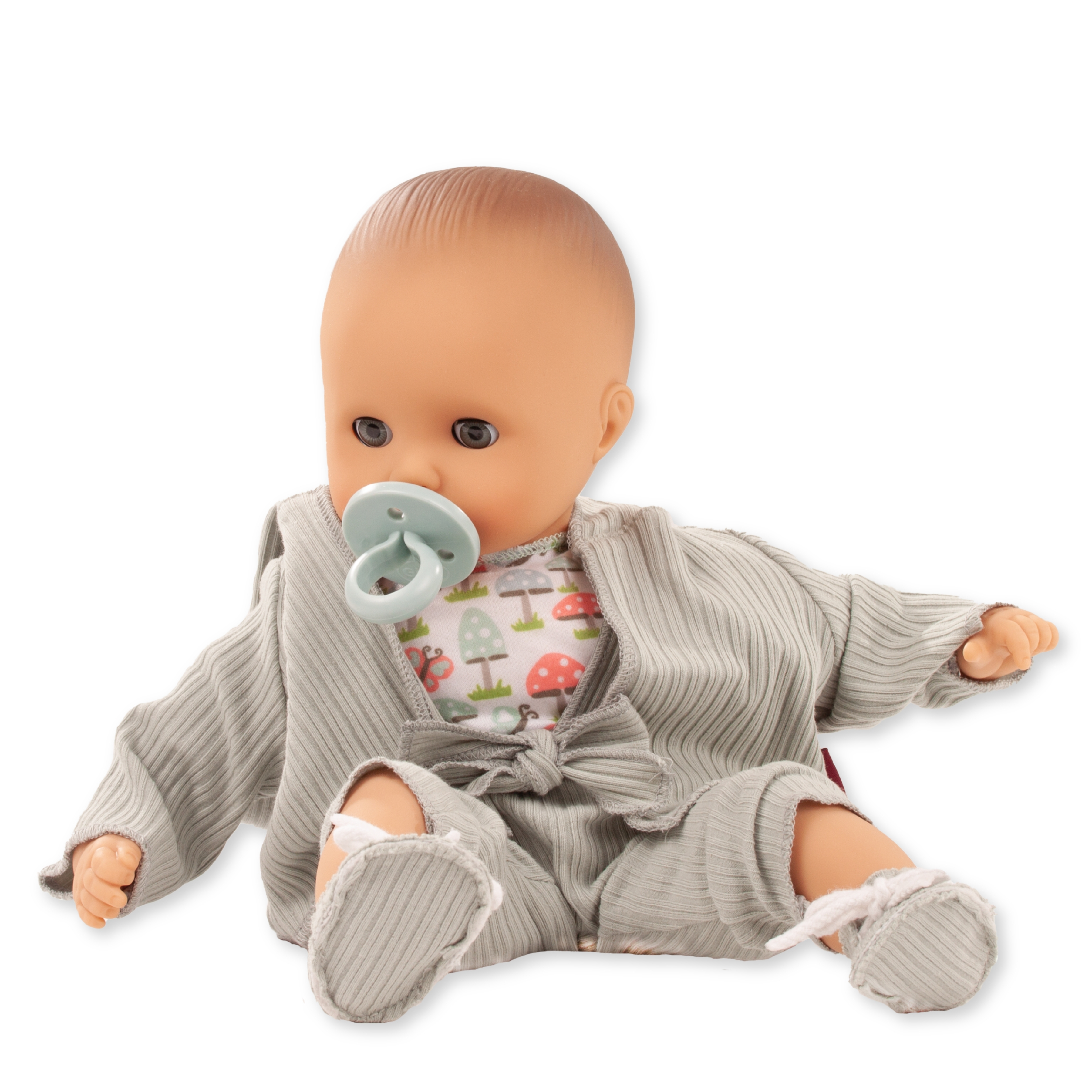 Babypuppe Gr. 33 cm ohne Haare mit blauen Schlafaugen, einem lindgruenen Zweiteiler mit Stoffschuhen und einem Shirt mit Pilzmotiv von Goetz
