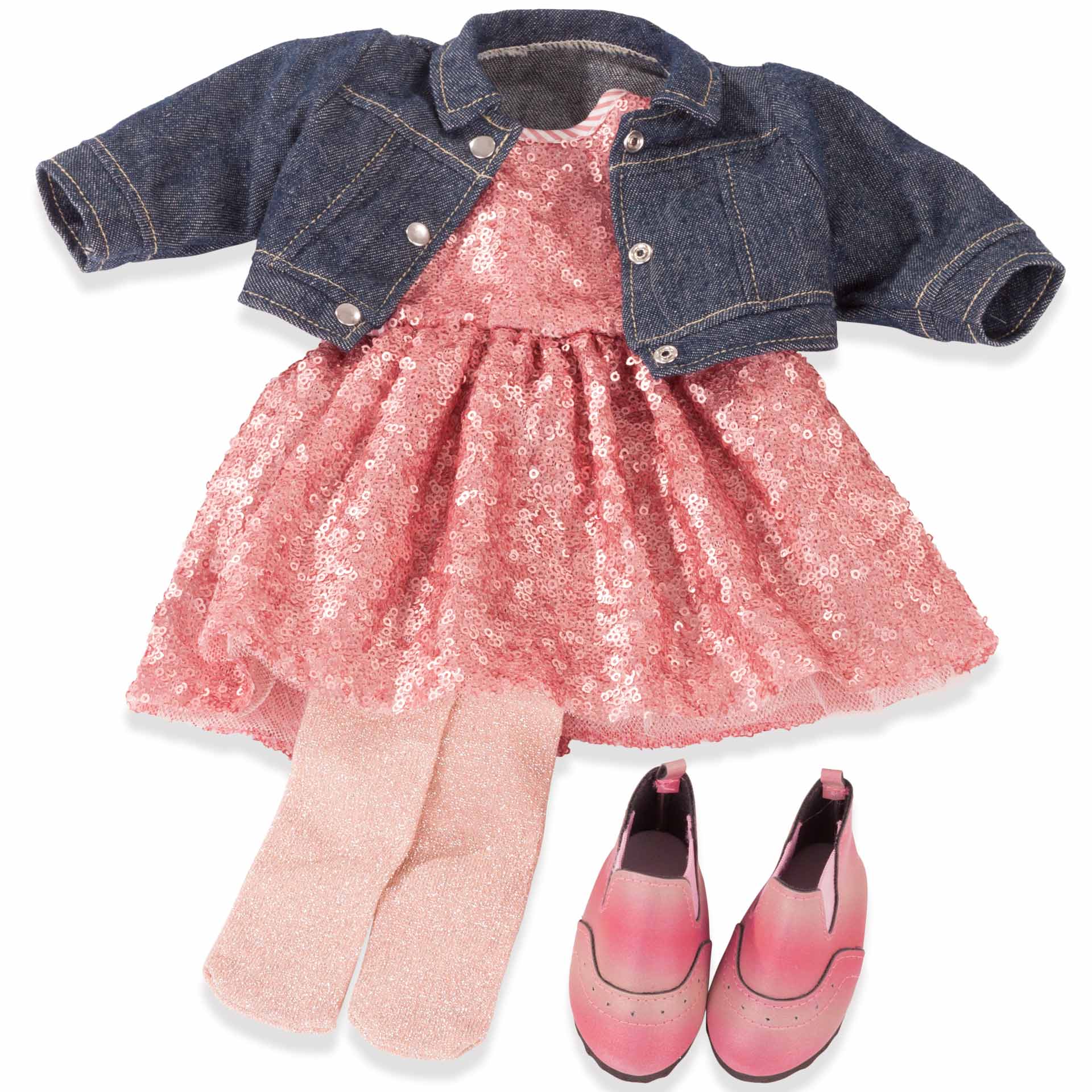 3403030-set-glitter-glamour-goetz set-glitter-glamour-pailettenkleid-strumpfhose-jeansjacke-denimjacke-boots-halbschuhe-puppenkleidung-goetz