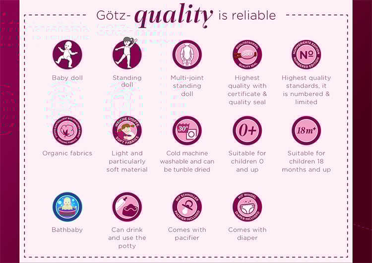 Seals Icons Goetz Quality The image shows 14 Goetz quality seals, representing the high quality standards of Goetz Dolls. Each seal stands for a specific feature of product quality and safety