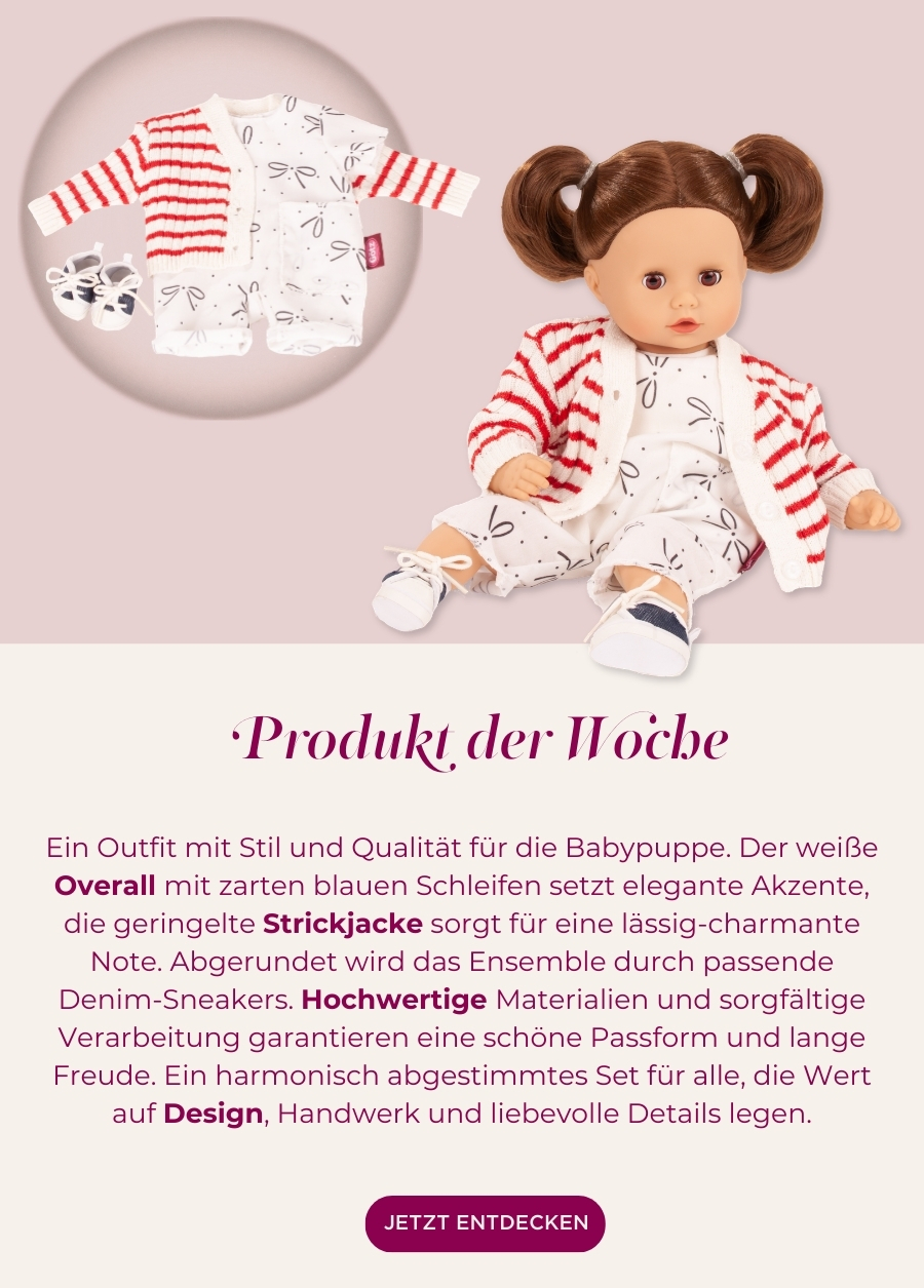 Babybekleidung in Gr. 30-33 cm bestehend aus einer geringelten Strickjacke, einem Anzug in weiss mit blauen Schleifen und blau-weissen Sneakers von Goetz