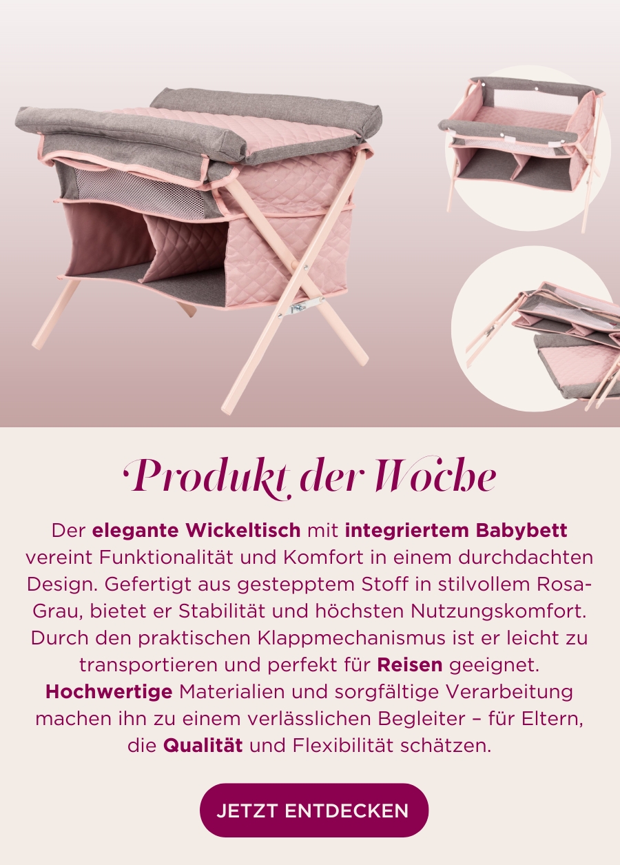 Wickeltisch und Reisebett in einem. In hellgrau mit rosa, zwei Faechern von Goetz
