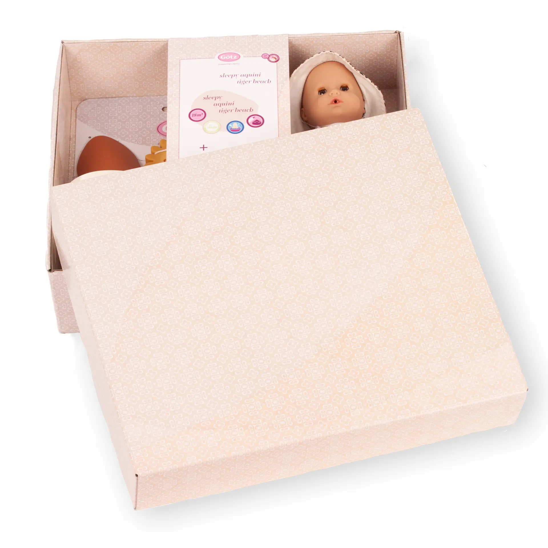 Badepuppe mit Schlafaugen Gr. 30 cm in getigerter Sommerkleidung mit Strandspielzeug: Schaufel, vier Foermchen und einem Eimer in edler Geschenkbox