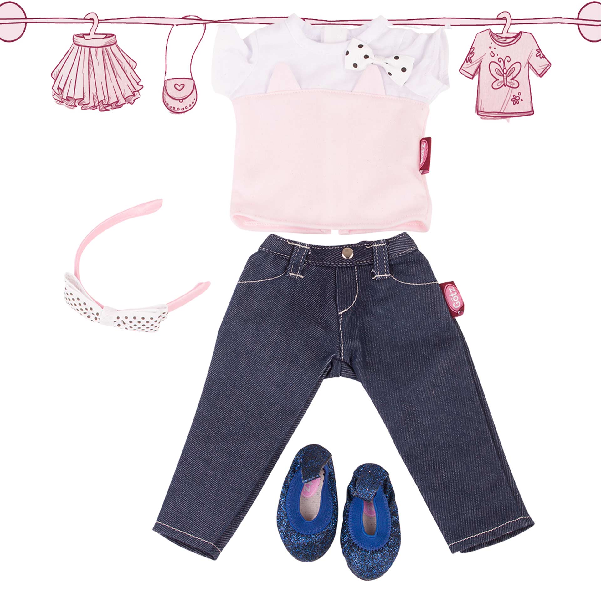 kombi-denim-cat-bekleidung-set-jeans-ballerinas-glitzerballerinas-haarreif-shirt-goetz
