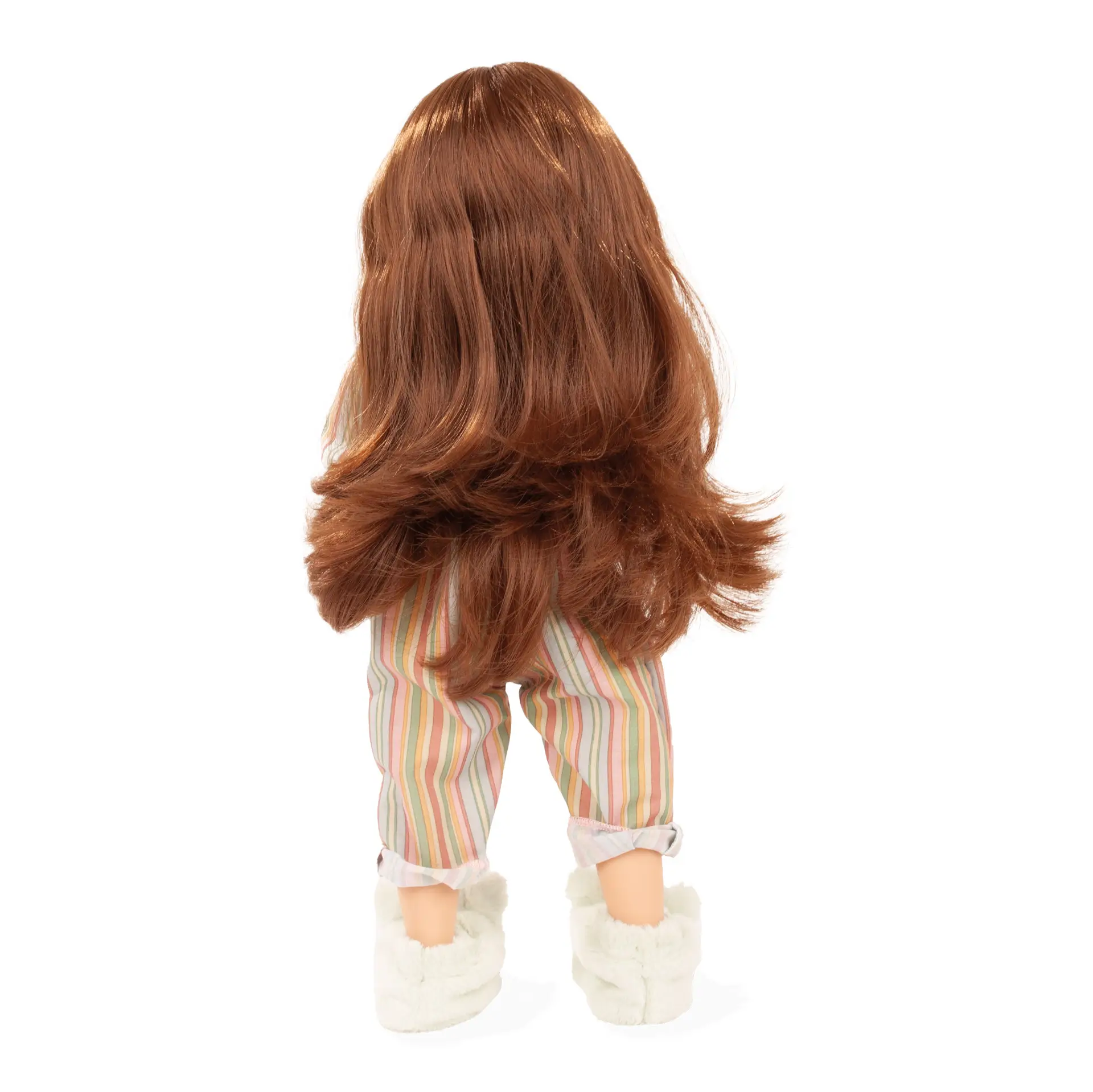 Stehpuppe Gr. 36 cm mit gestreiftem Overall Hausschuhen für Puppe und Kind im edlen Geschenkkarton Geschenkset