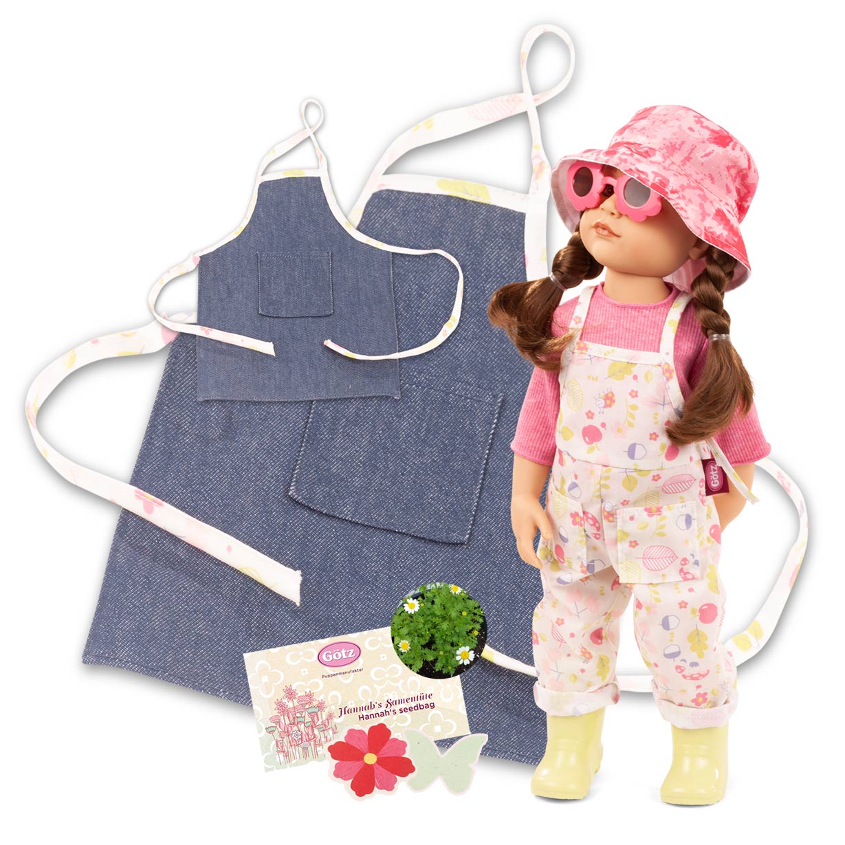 hannah-garden-lookalike-stehpuppe-goetz-schuerzen-kinderschuerze-puppenschuerze-blumensamen-latzhose-sonnenbrille-gummistiefel-longsleeve-braunhaarig-braune-augen