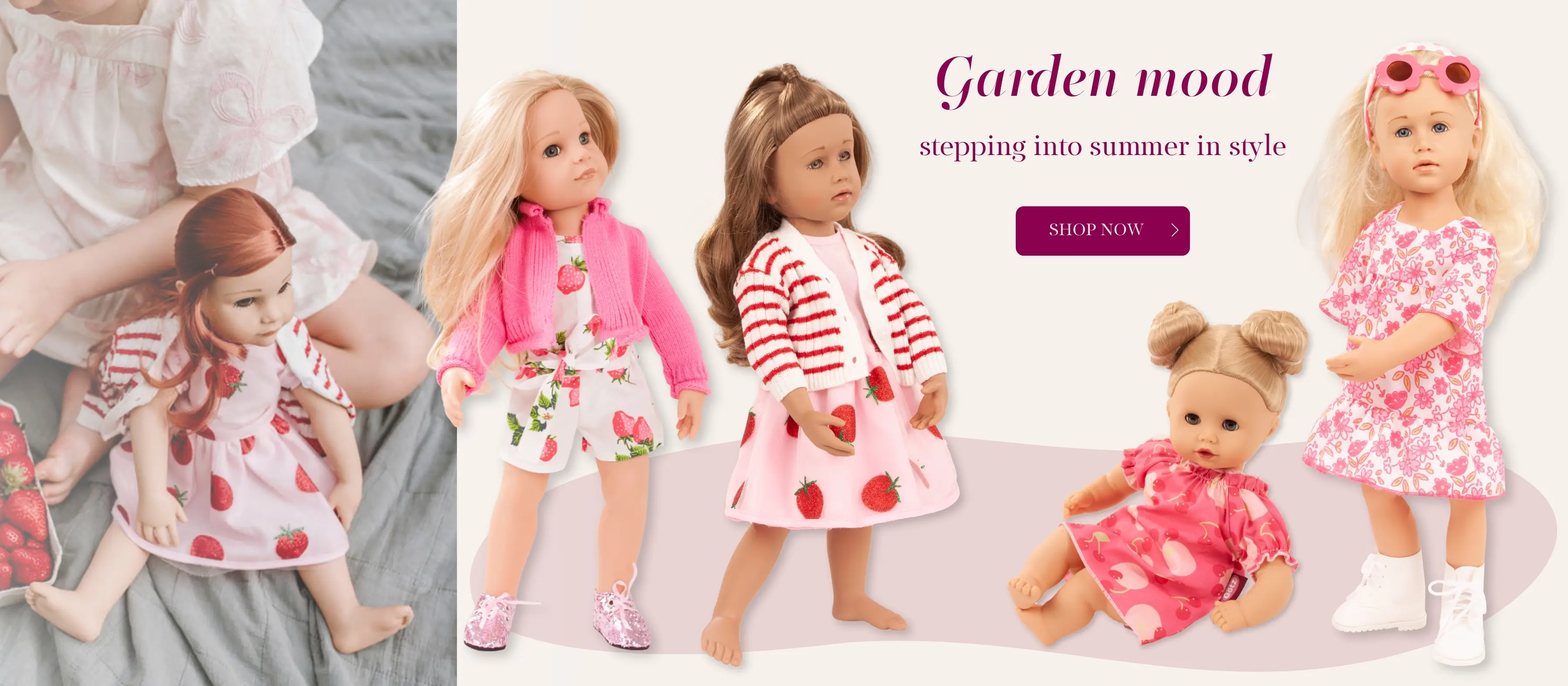 Bekleidungssets in Gr. 45-50 cm und 30-33 cm mit sommerlichem Erdbeer- und Kirschmotiven und Blumendesign von Goetz