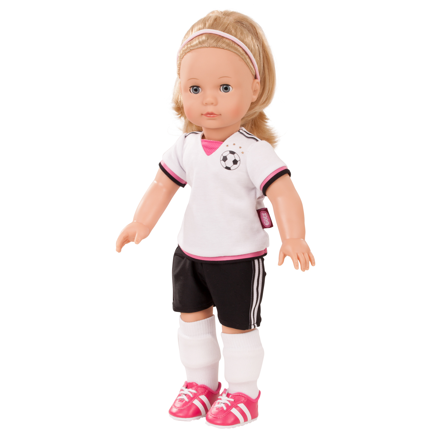 50 cm grosse blonde Stehpuppe im Fussballoutfit mit T-Shirt, Shorts, Fussballschuhen, Schienbeinschonern und Struempen