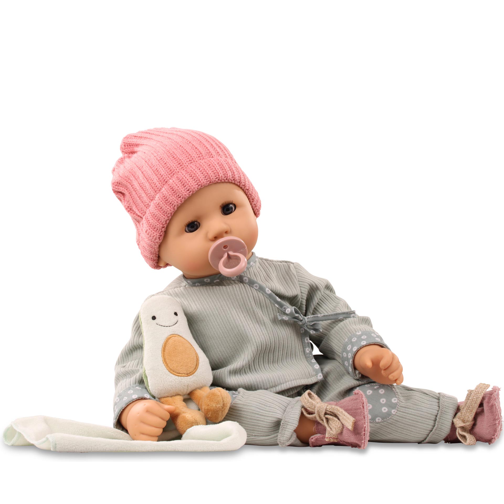 2261053-cookie-avocado-babypuppe-goetz cookie-avocado-babypuppe-goetz-schlafaugen-kuschelavocaco-windel-zweiteiler-stoffschuhe-strickmuetze-schnuller