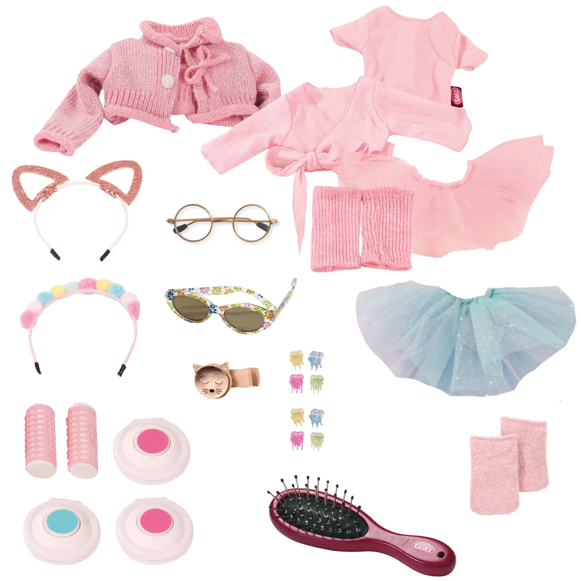 Adventskalender für Stehpuppen Gr. 45-50 cm mit Strickjacke, Ballett-Outfit, Buerste, Haarklammern, Haarkreide, Haarreifen, Brillen, Stulpen, Struempfe und Tuetues. Von Goetz
