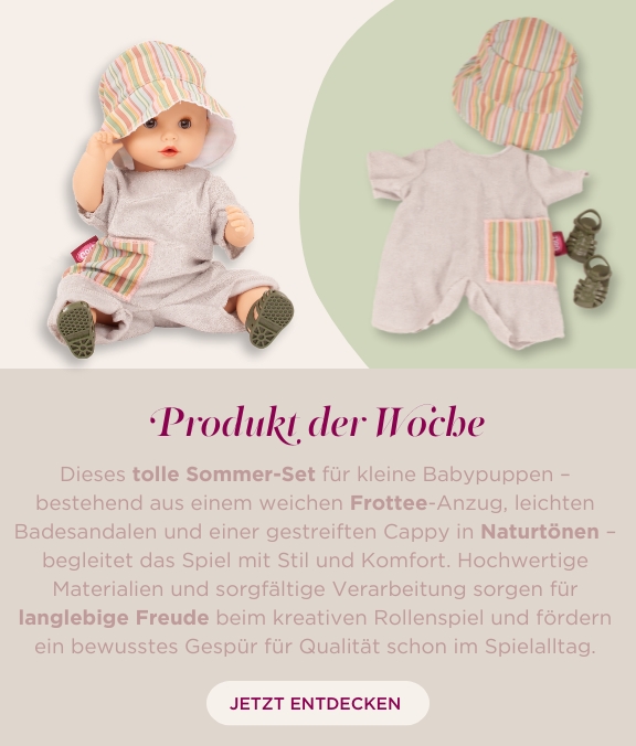 Bekleidungsset für Babypuppen Gr. 30-33 cm. Ein Sommeranzug aus lindgruenem Frottee mit gestreifter Cappy und dunkelgruenen Badesandalen