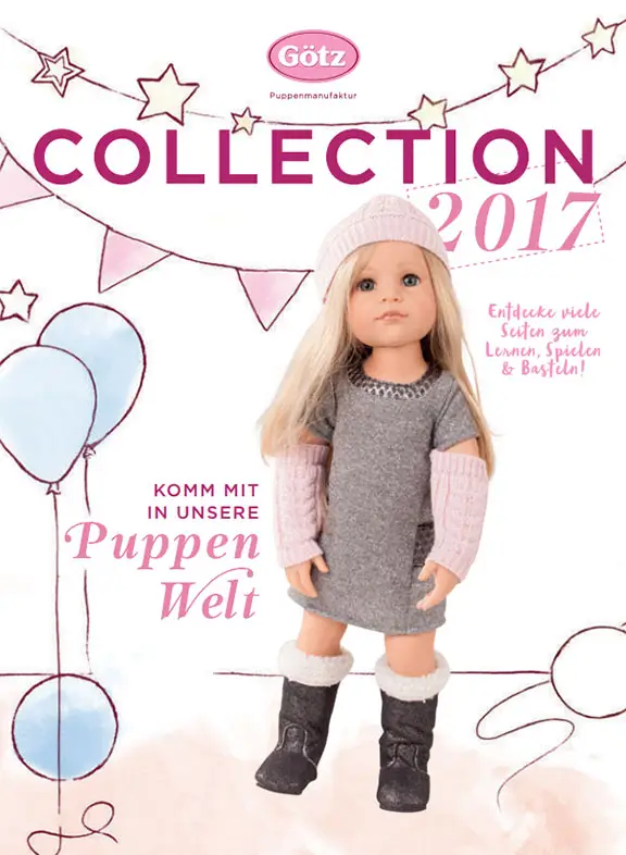 Cover des Goetz Collection 2017 Katalogs mit 50 cm grosser blonder Stehpuppe in Winterbekleidung sowie Luftballonzeichnung und Girlandenzeichnung