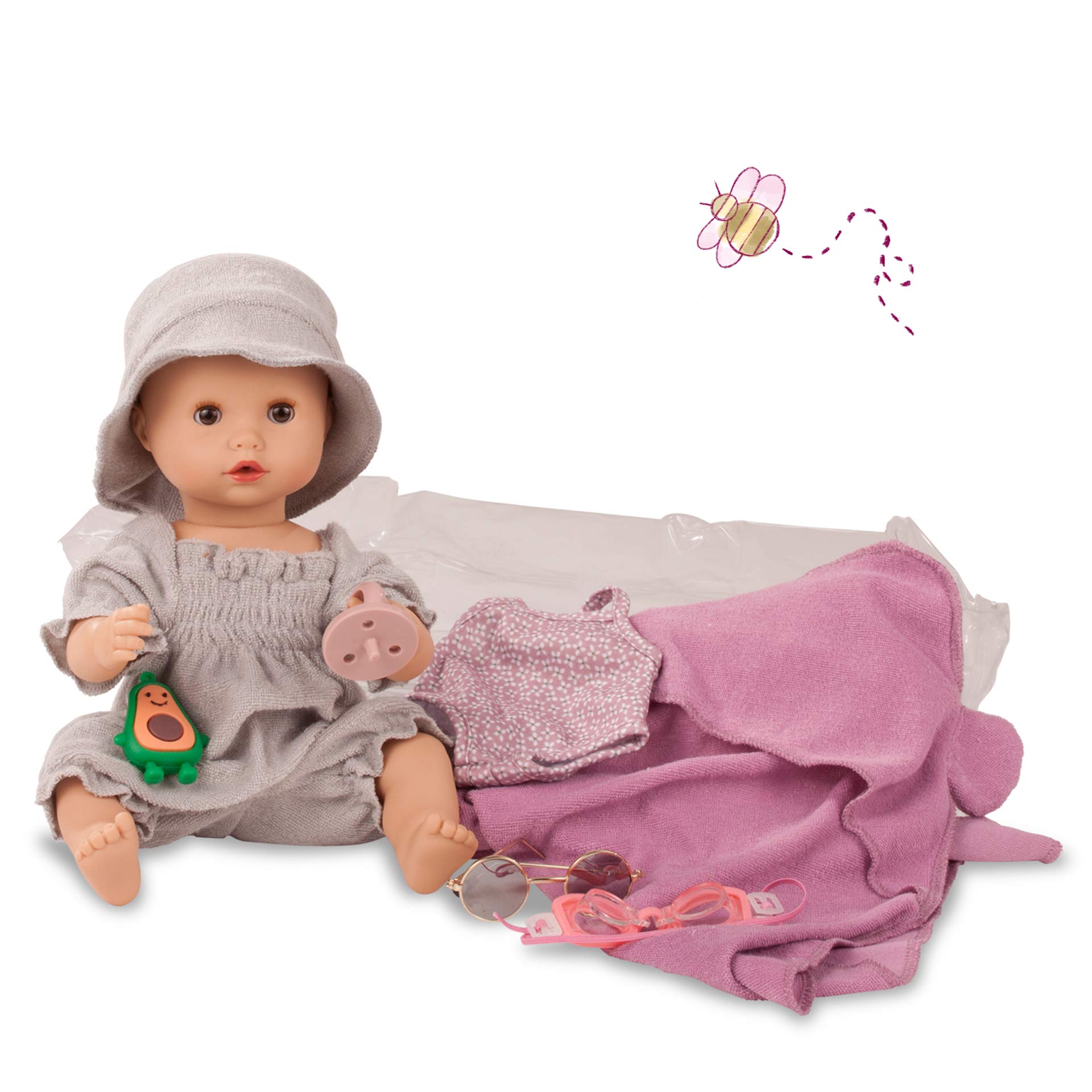2253147-sleepy-aquini-maedchen-avocado-badepuppe-goetz 2253147-sleepy-aquini-maedchen-avocado-badepuppe-sommeranzug-mit-hut-badeanzug-kapuzentuch-pool-sonnenbrille-taucherbrille-wassertier-avocado-schnuller-goetz