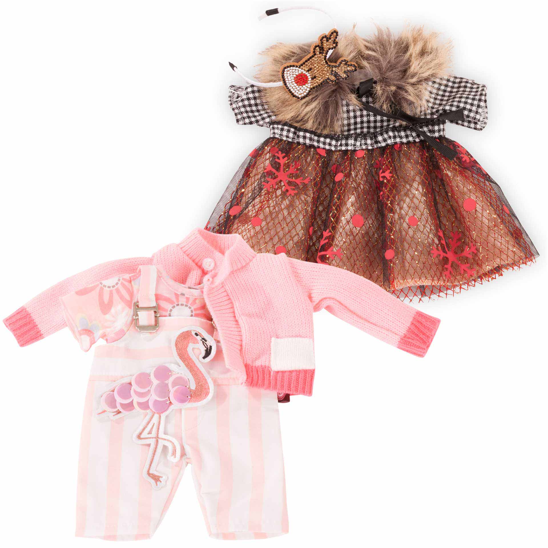 3403540-kombi-winter-flamingo-bekleidung-goetz kombi-winter-flamingo-strickjacke-latzhose-t-shirt-kleid-mit-tuellrock-plueschkragen-haarreif-goetz