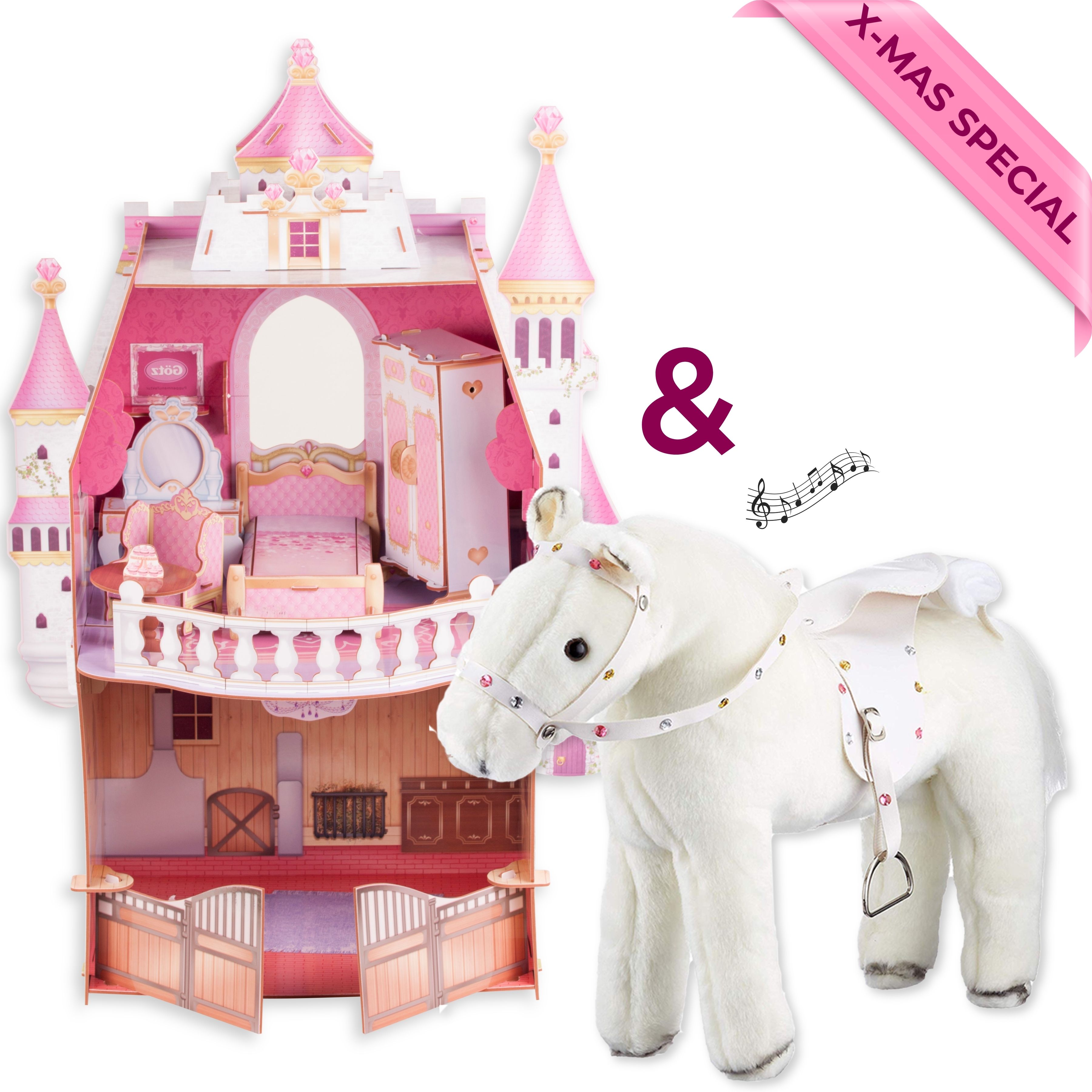 Geschenkset mit einem Plueschpferd, dazu ein Puppenschloss für kleine Stehpuppen mit Puppenmoebeln von Goetz