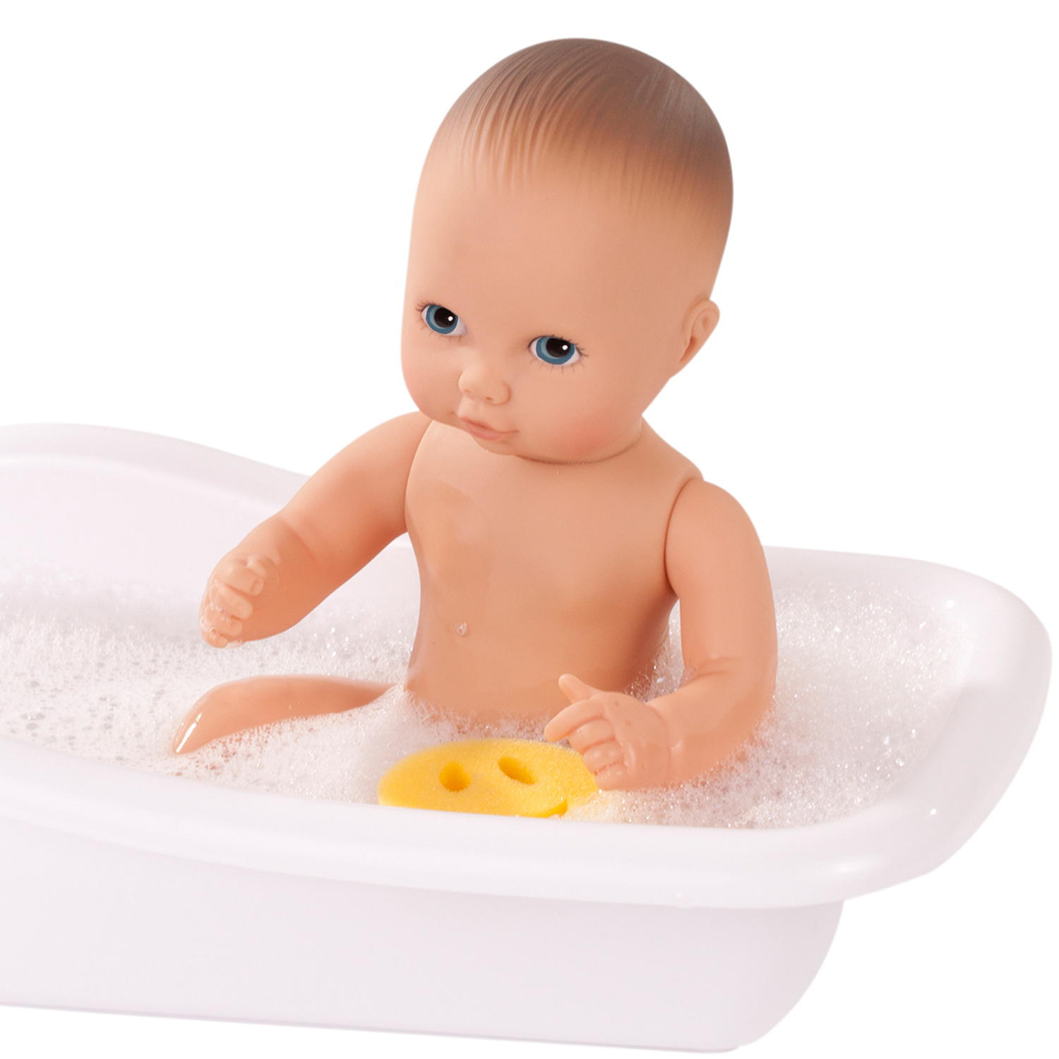 Aquini Badepuppe Goetz Badepuppe ohne Haare mit gemalten blauen Augen 33 cm groß in Badewanne