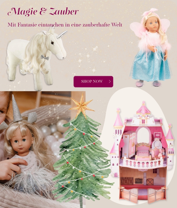 Stehpuppe Gr. 26 cm und Stehpuppe Gr. 50 cm als Fee mit Pluescheinhorn und einem Schloss von Goetz