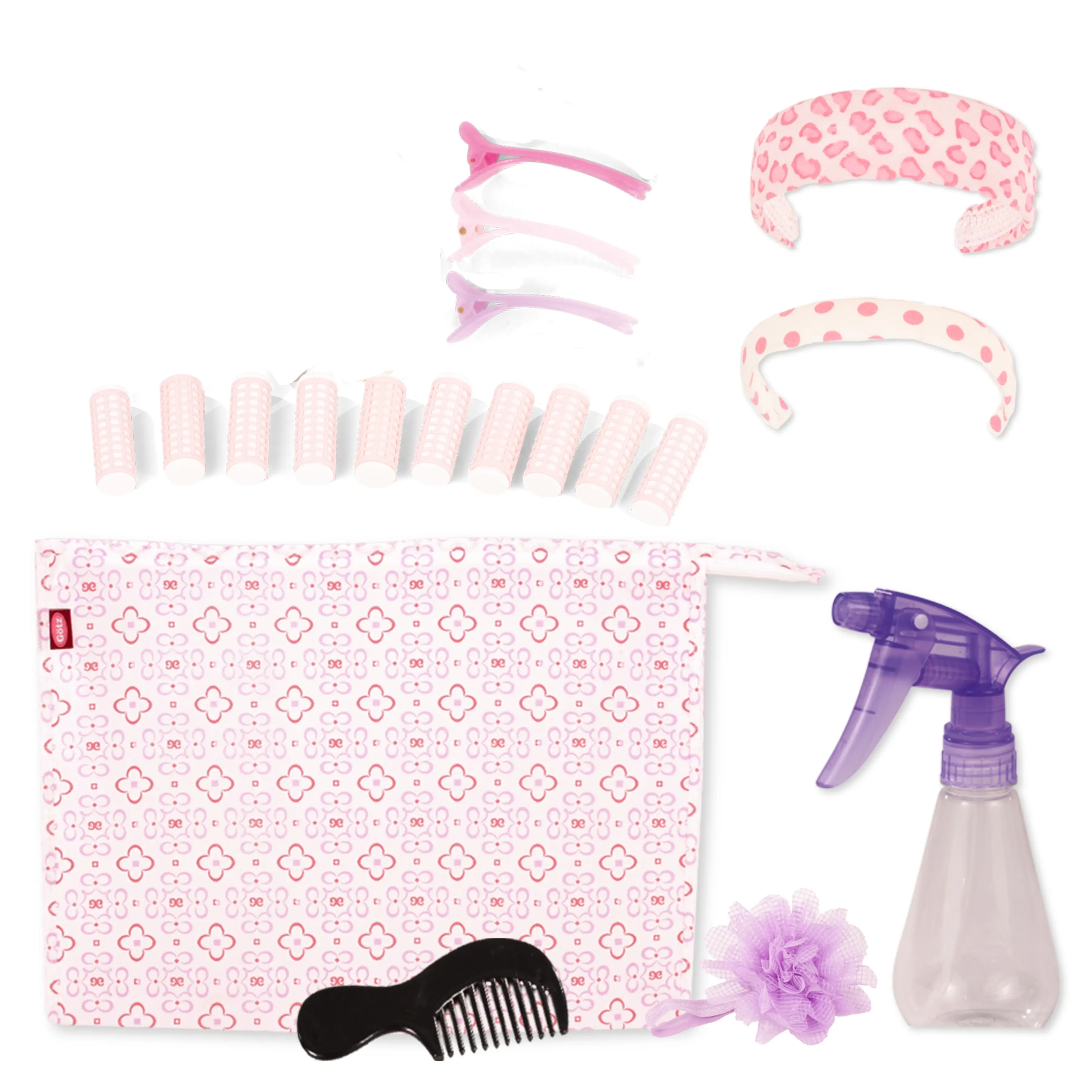Set zum Haarstyling mit Lockenwickler, Kamm, einer Spruehflasche, einem Tuellhaargummi, zwei Haarreifen in rosa-weiss und Haarklammern in einer wiederverwendbaren Tasche von Goetz