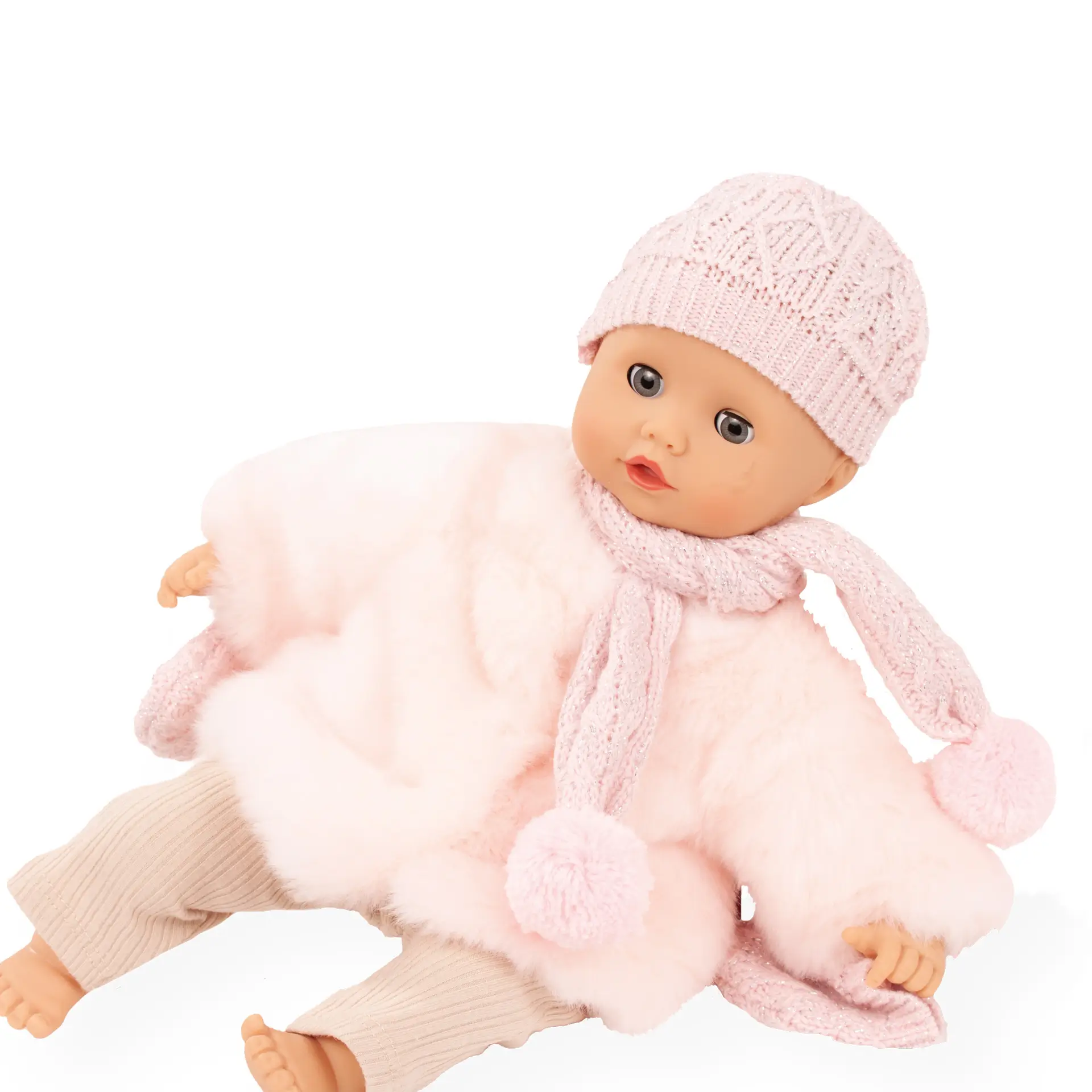 3403597-winterkombi-furry-christmas-bekleidung-goetz Angezogene Babypuppe Gr. 30-33 cm in Winterkombi. Winterset mit rosa Plueschjacke mit Strickschal, Strickhandschuhen und passender Muetze mit Glitzerlurex von Goetz