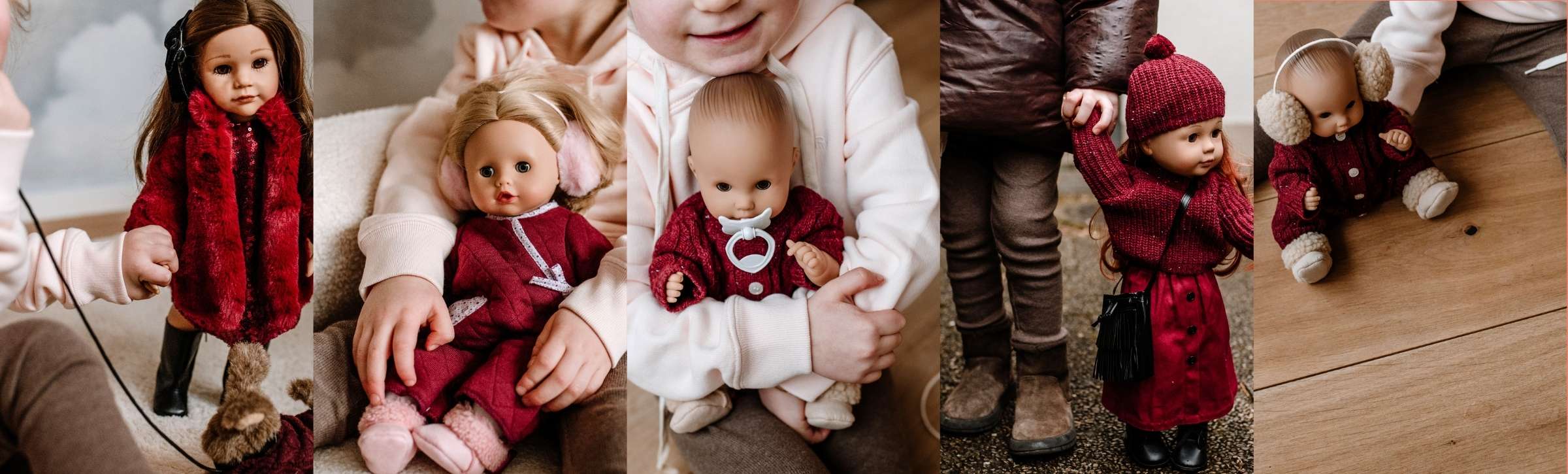 75 Jahre Goetz Jubilee Kollektion Kinder spielen mit 33 cm großen Babypuppen und 50 cm großen Stehpuppen in bordeaux-roter Herbstkleidung