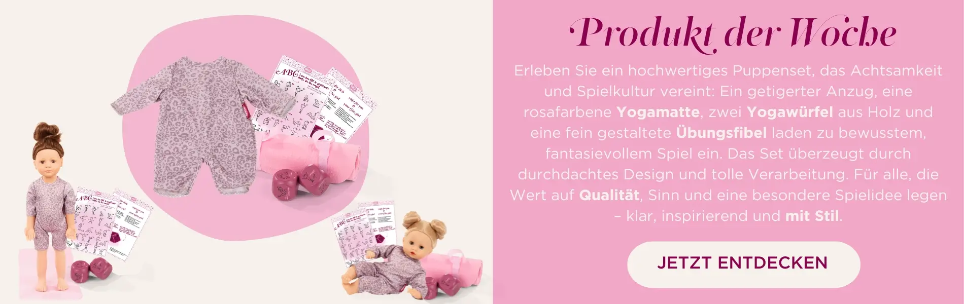 Yoga Set Graue Katze fuer Babypuppen Gr. 30-33 cm und Stehpuppen 36 cm. Besteht aus einem rosa-grau getigertem Anzug mit Yoga-Uebungswuerfel und Yoga-Uebungsfibel, noch dazu eine Yogamatte