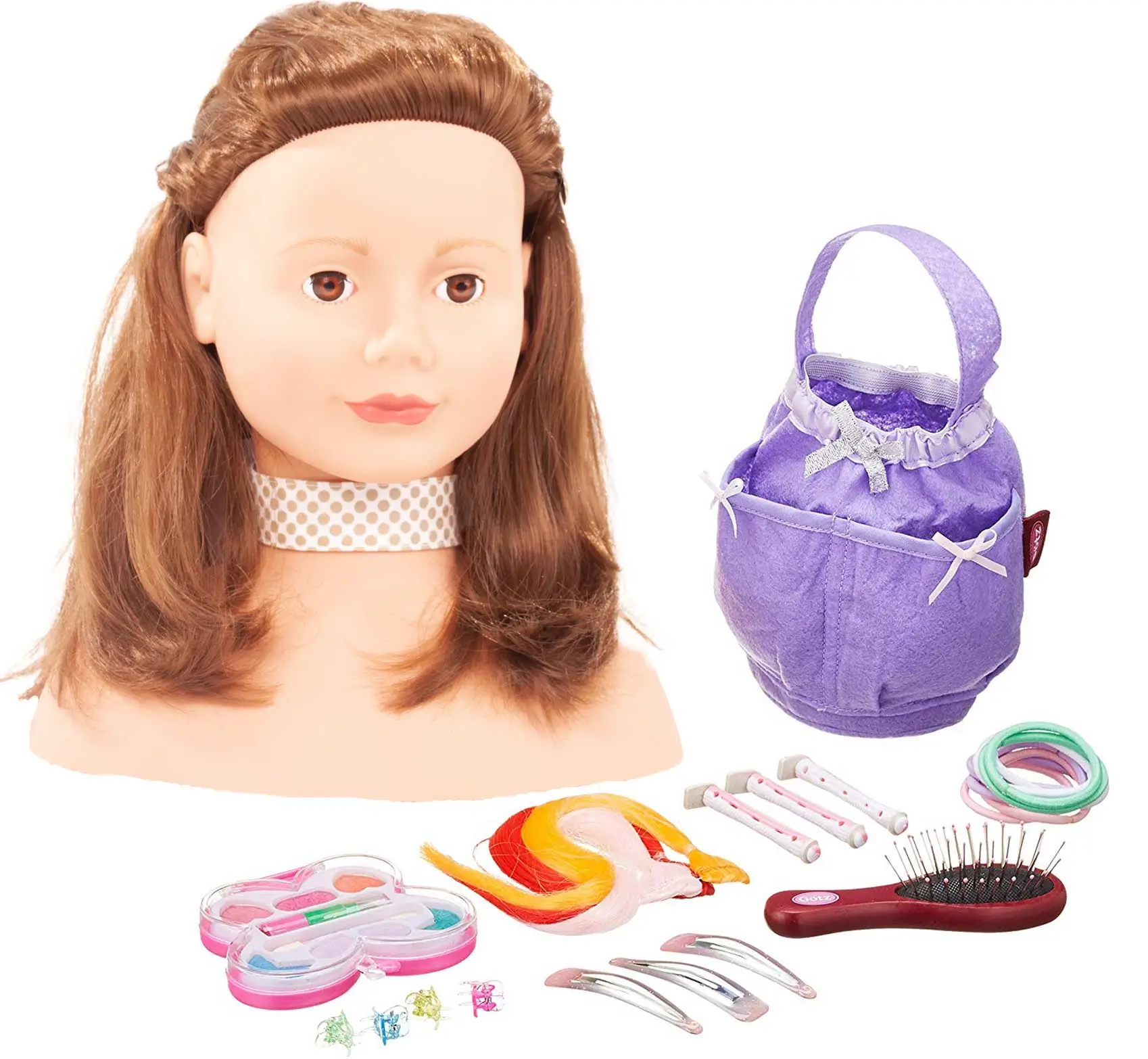 1192053-haarwerk-braun-frisierkopf-goetz haarwerk-braun-frisierkopf-goetz-haarbuerste-zopfgummis-schminkset-tasche-haarklammern-haarstraehnen-haarclips-braunhaarig