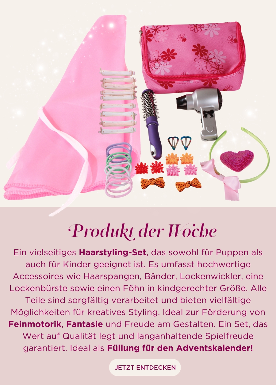 Frisierset in einer schicken Tasche. Föhn, Lockenbürste, Lockenwickler, Haargummis, Haarreif, Haarspangen, Haarclips und Frisierumhang von Goetz