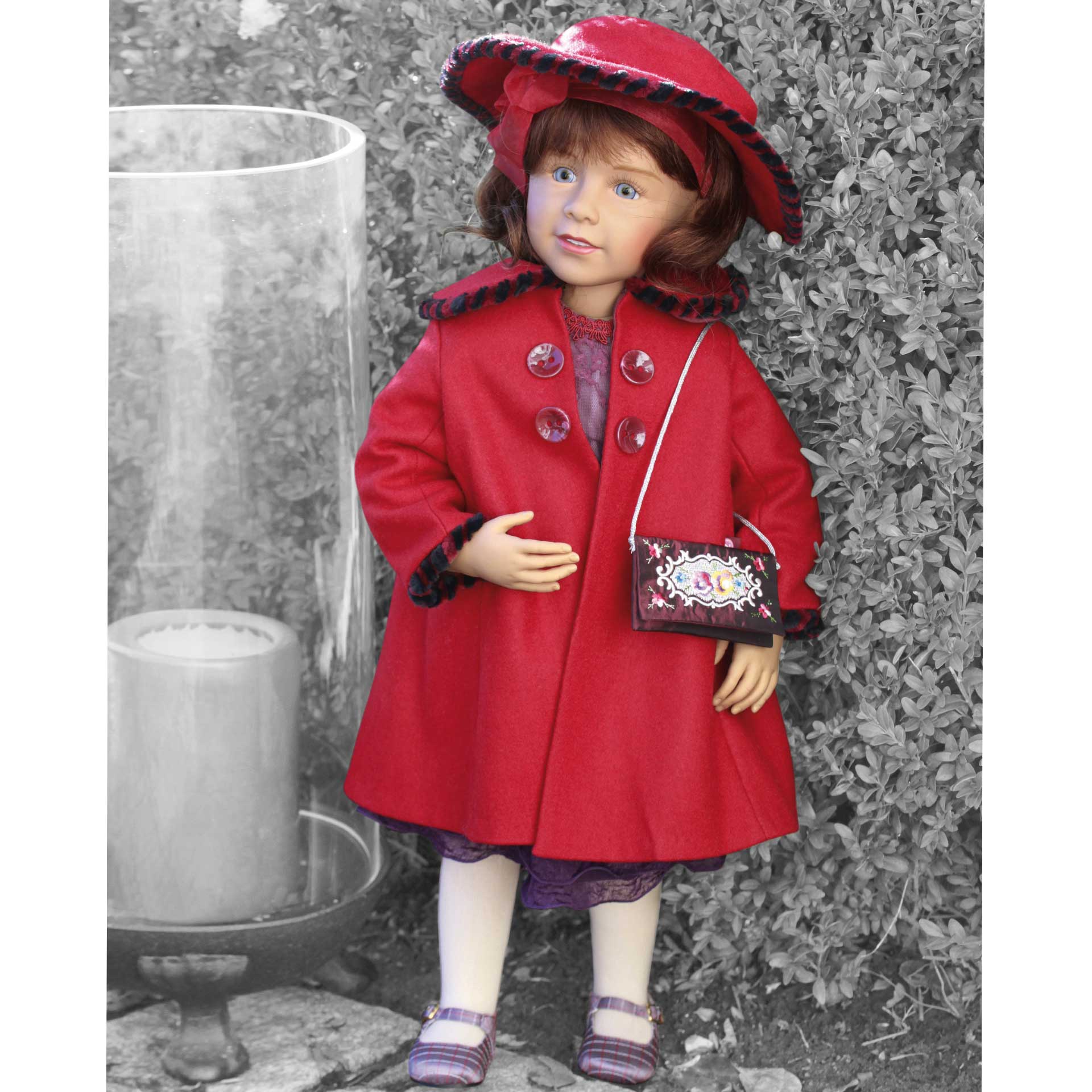 1186129-brigitte-skille-kuenstlerpuppe-goetz-emo brigitte-skille-kuenstlerpuppe-goetz-handtasche-hut-kleid-seidenschuhe-strumpfhose-mantel-glasaugen