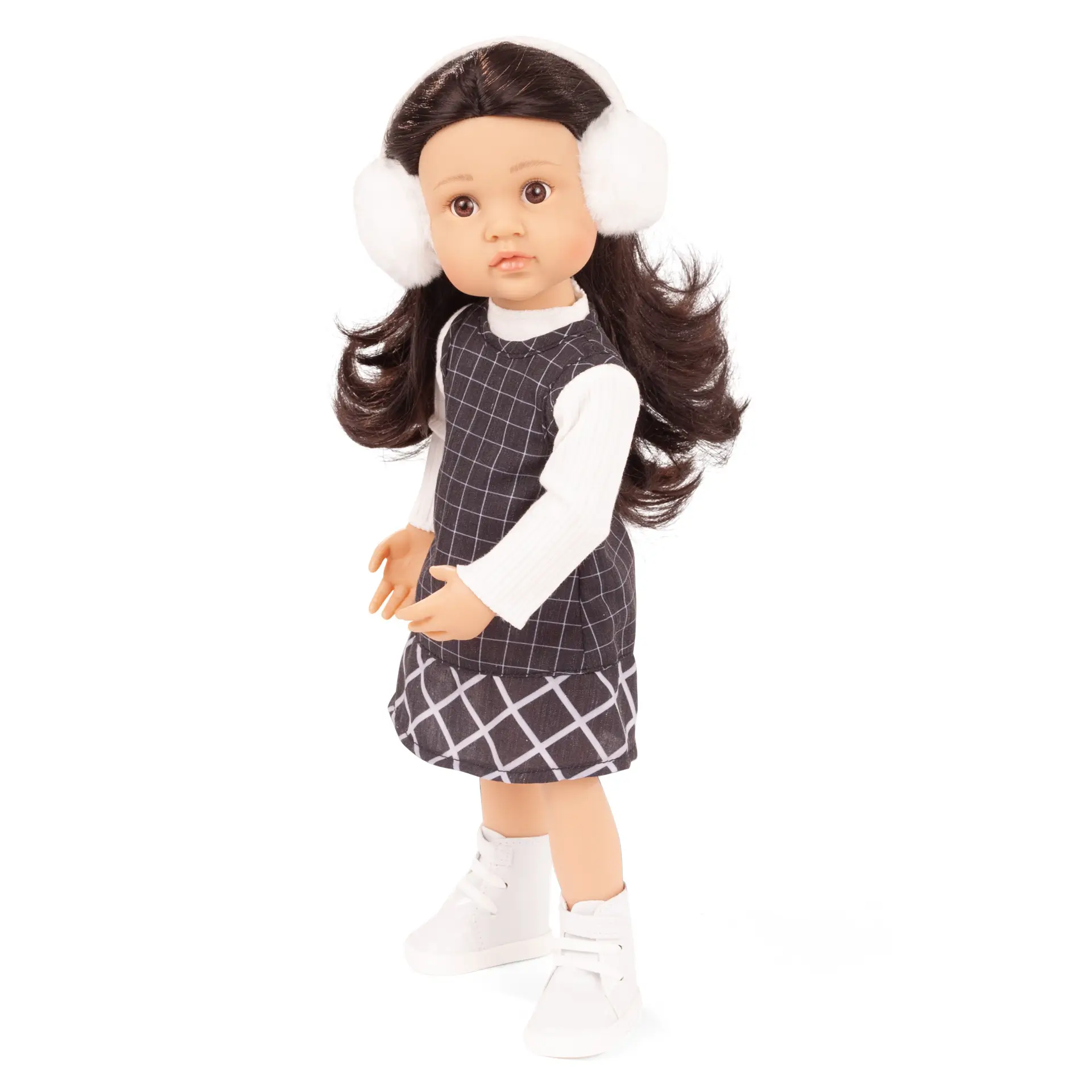 little-kidz-signature-edition-kopenhagen-multigelenkstehpuppepuppe-goetz-kleid-karokleid-langhaarig-schwarzhaarig-ohrenwaermer-langarm-shirt-booties