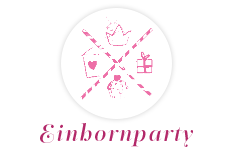 Logo mit pinkfarbenen Symbolen wie einer Krone, einem Herz, einem Geschenk und einem Pferd sowie dem Schriftzug Einhornparty