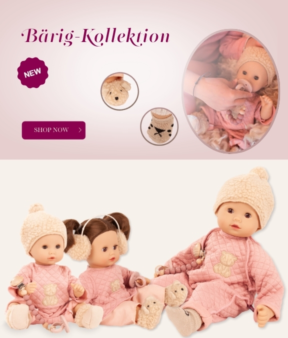 Neue Kollektion Baerig. Babypuppen Gr. 33 cm und 42 cm in Rosa-Beige mit Teddystoff und Baeren-Applikationen von Goetz