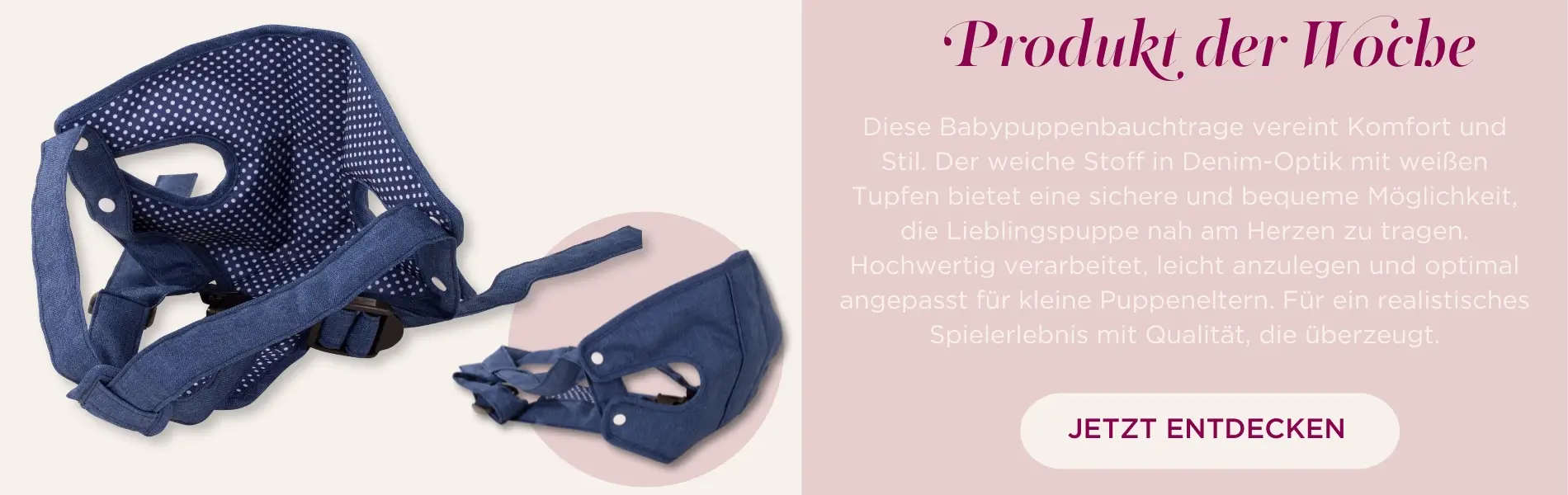 Babytrage Denim und Spots fuer Babypuppen der Gr. von 30 - 50 cm. Blau-weiss getupft.