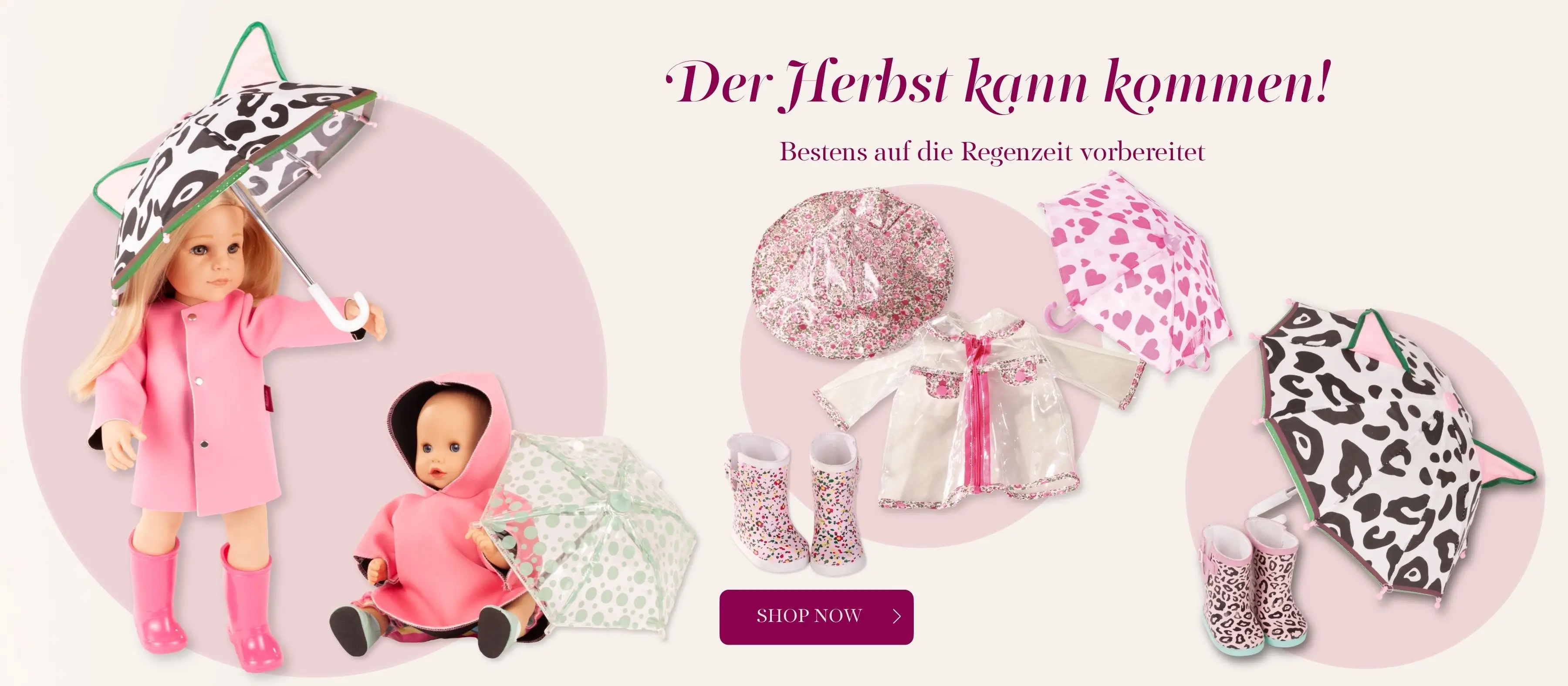 reichlich Zubehoer fuer Goetz Puppen fuer die Regenzeit. Regenschirme, Gummistiefel, Regencape und Regenjacke und mehr von Goetz