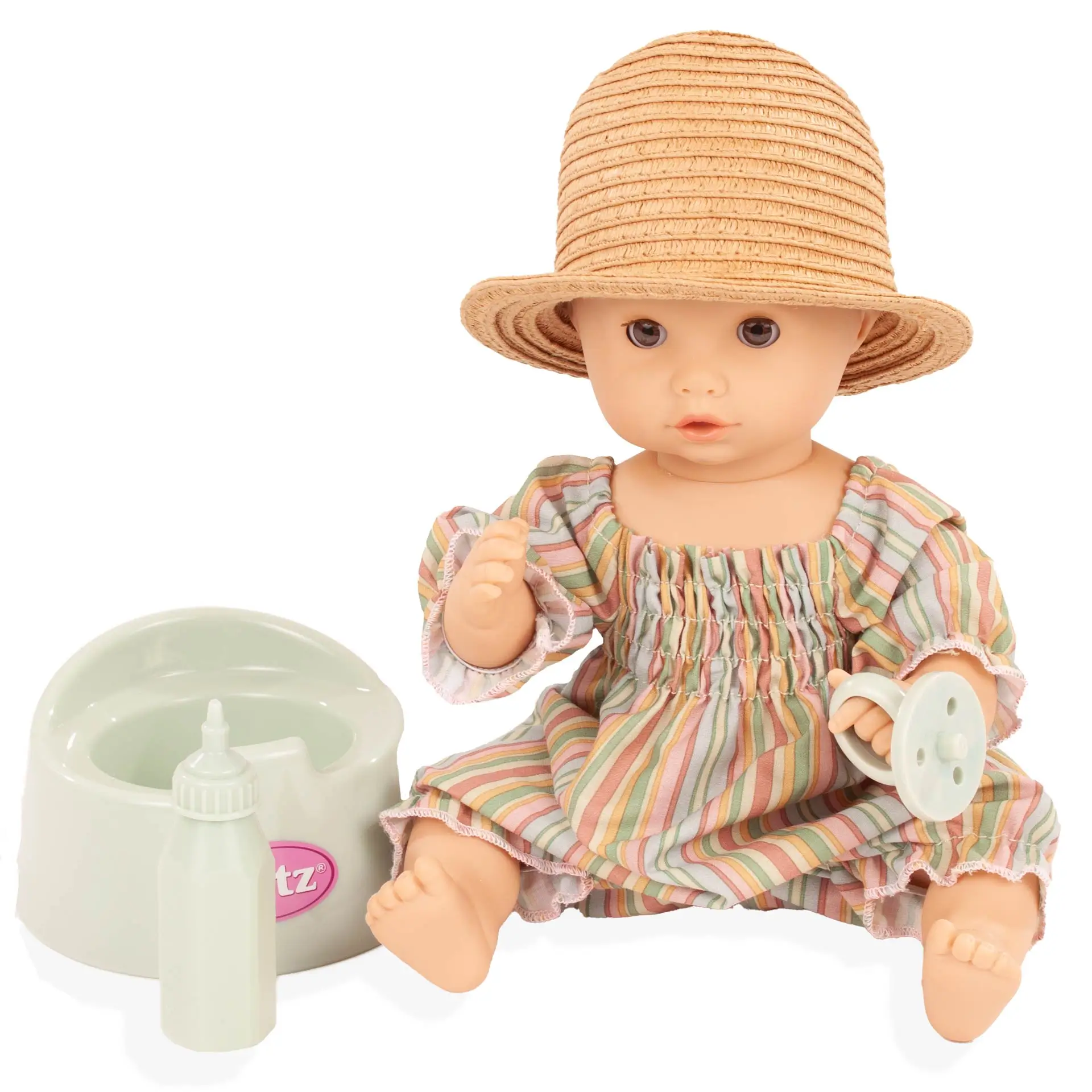 aquini-beach-vibes-badepuppe-goetz-toepfchen-strohhut-babypuppe-strampler-schnuller-trinkflasche-schnuller-schlafaugen