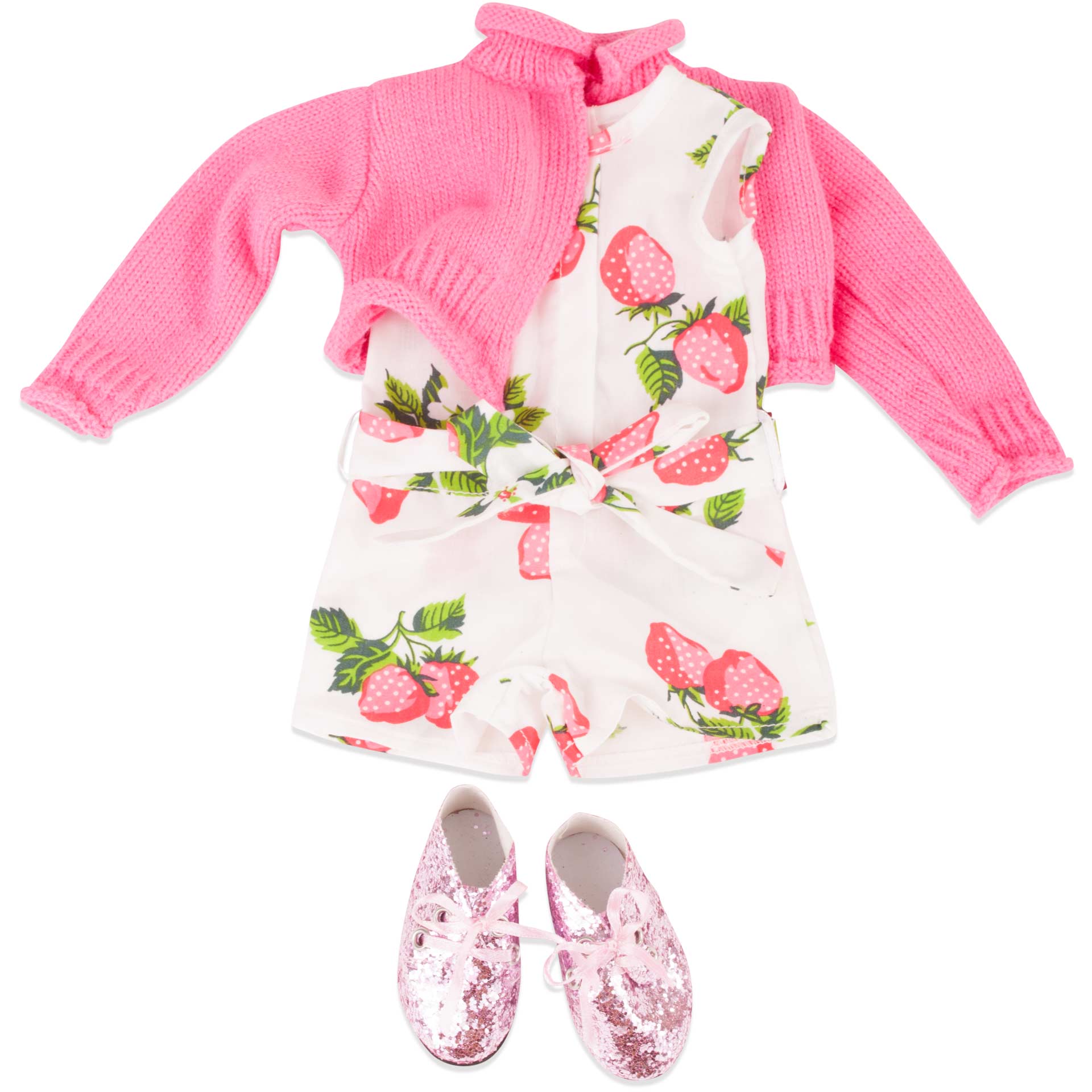 3402845-jumpsuit-berries-bekleidung-goetz jumpsuit-berries-puppenkleidung-sommerset-glitzerschuhe-halbschuhe-erdbeermotiv-strickjacke-overall-goetz