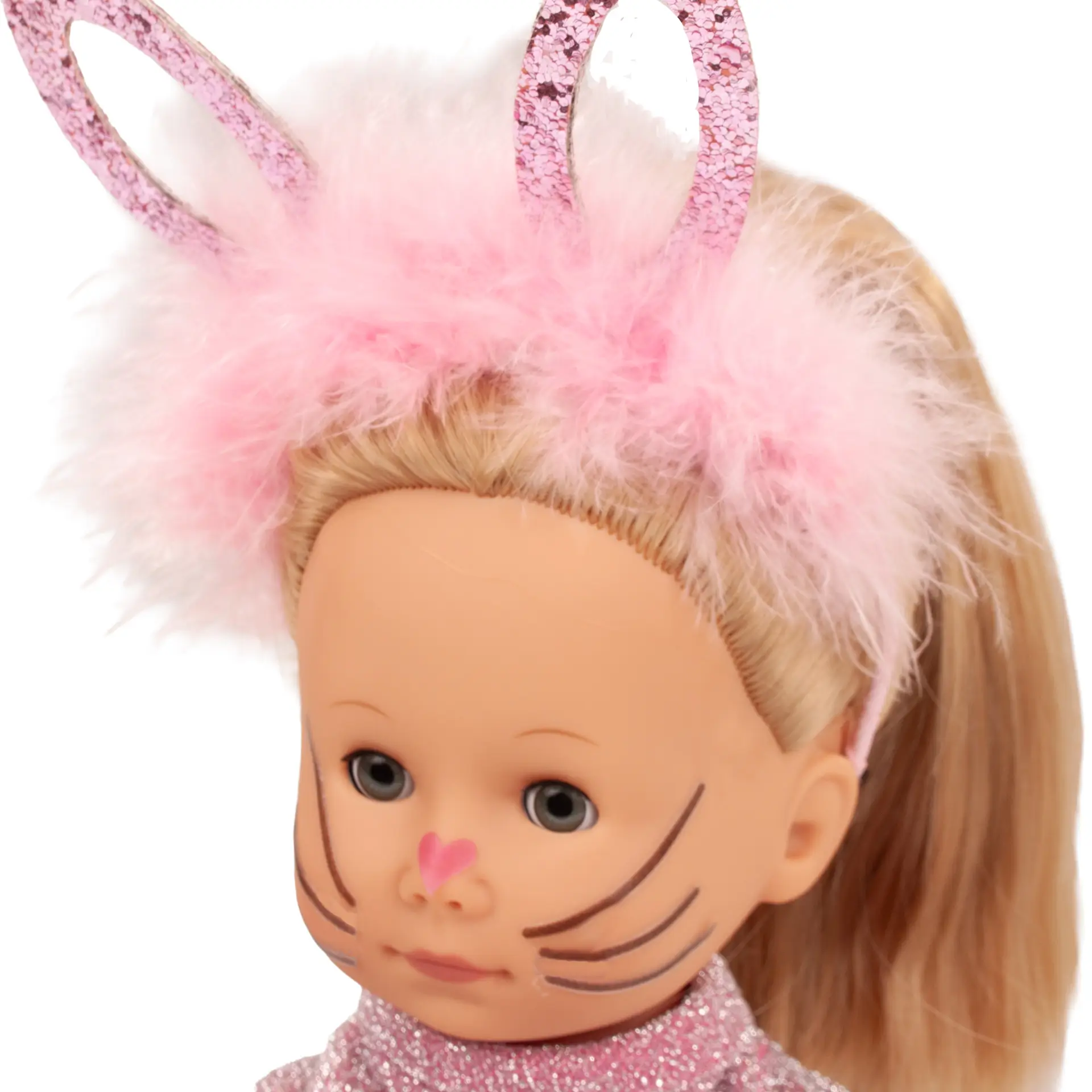 Gesicht von Stehpuppe Gr. 27 cm mit Glitzer-Hasenohr-Haarreifen und Gesichtstattoo von Goetz