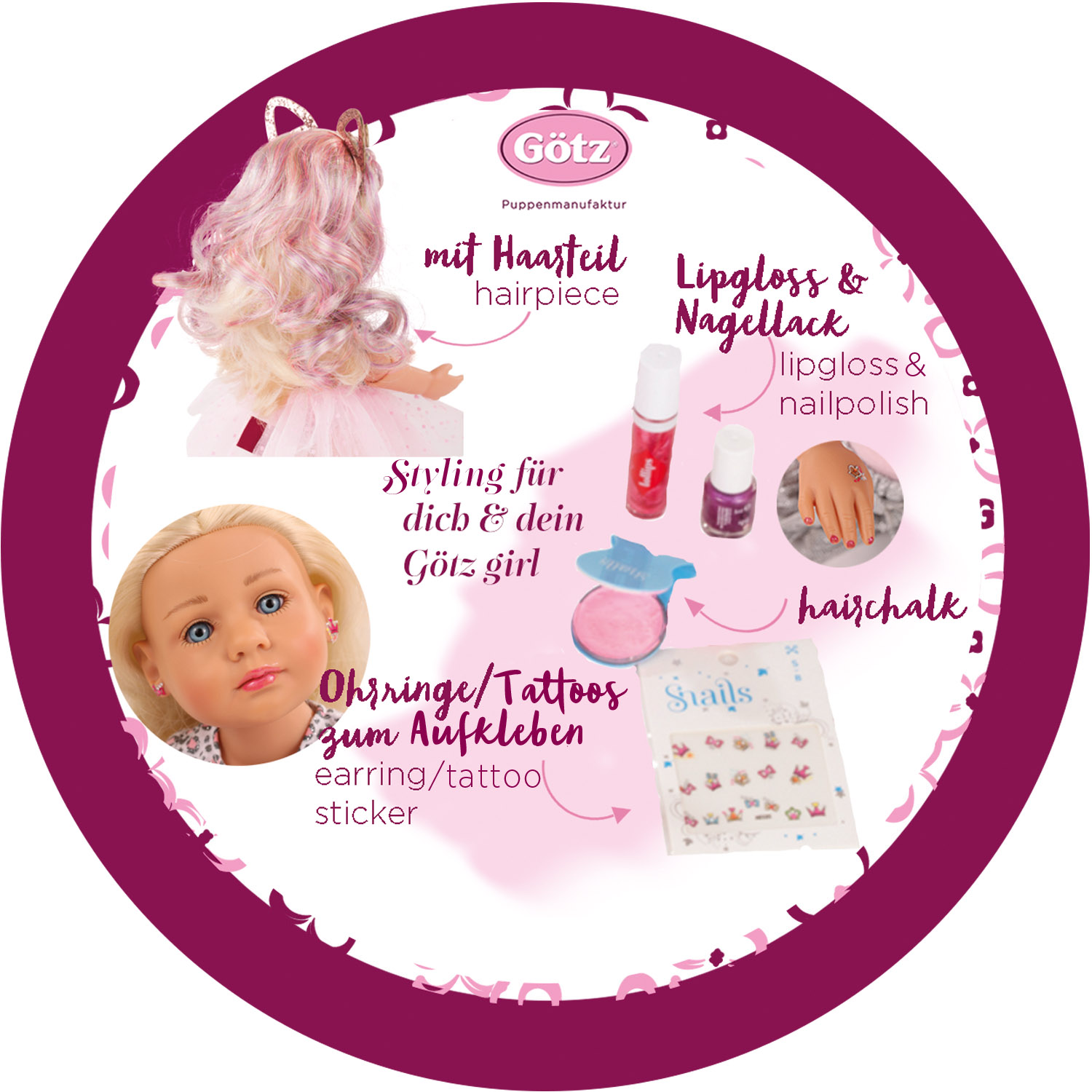 2011020-little-kidz-elli-multigelenkstehpuppe-goetz little-kidz-elli-multigelenkstehpuppe-goetz-snails-haarteil-haarkreide-lipgloss-nagellack-ohrringe-tattos