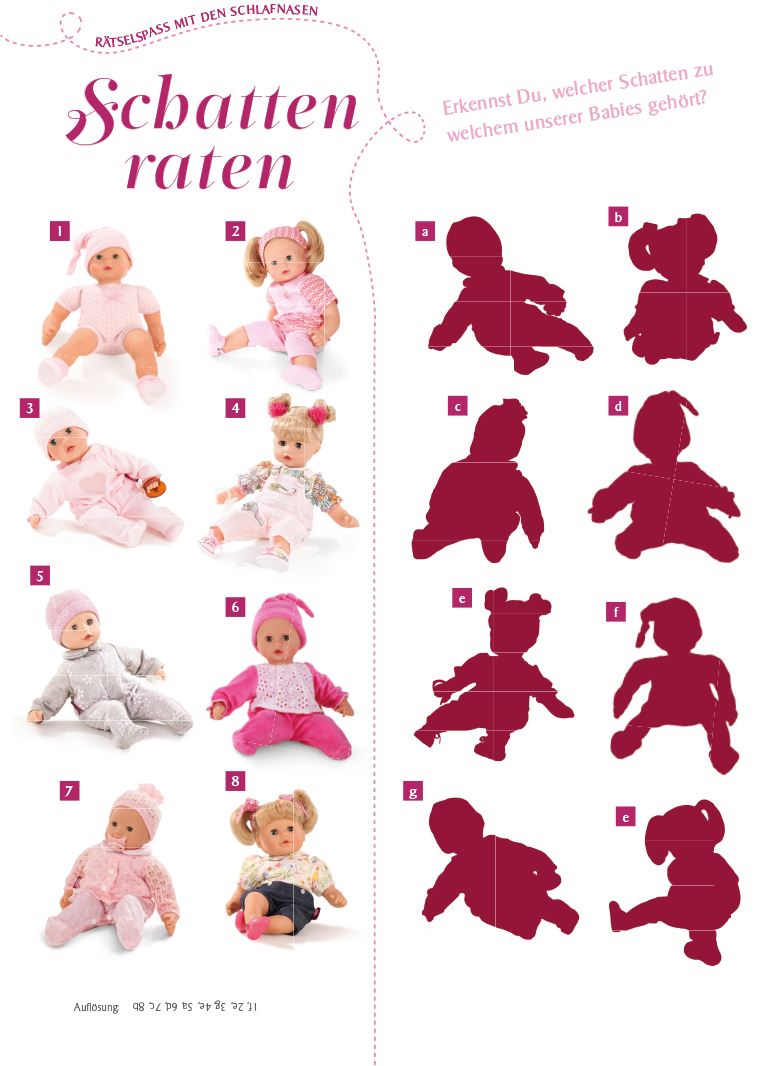 Raetselblatt mit Babypuppen und ihren Schatten zum Zuordnen