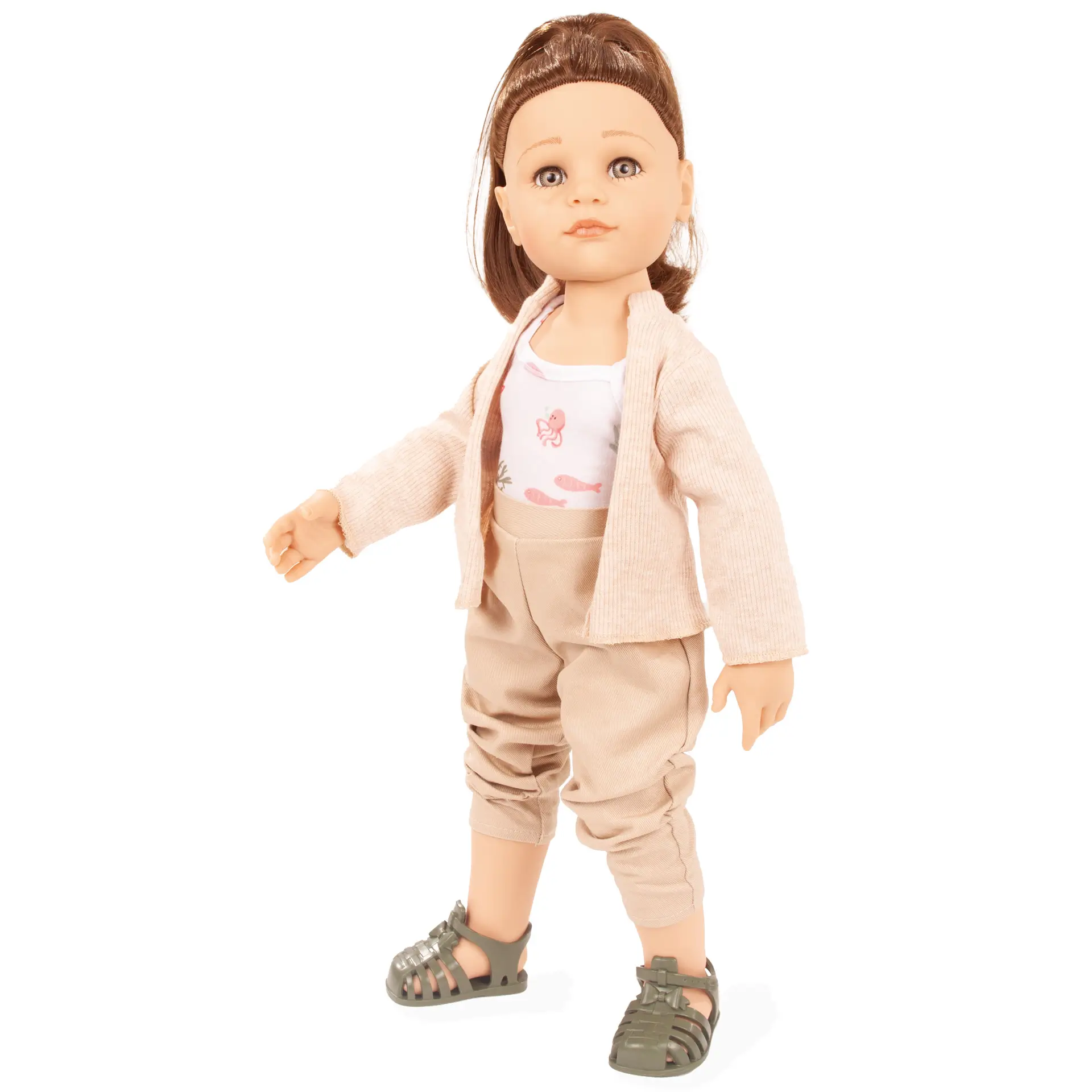 2559012-hannah-every-season-multigelenkstehpuppe-goetz hannah-every-season-multigelenkstehpuppe-goetz-jacke-hose-langhaarig-braunhaarig-sandalen-badeanzug