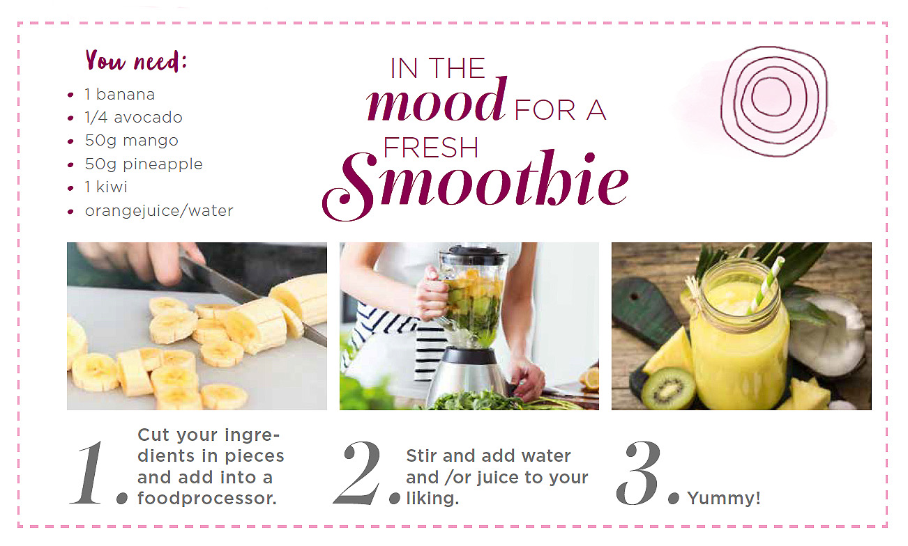 In the mood for a fresh smoothie Step by step guide for preparing a healthy smoothie with banana avocado mango pineapple kiwi, orange juice and water