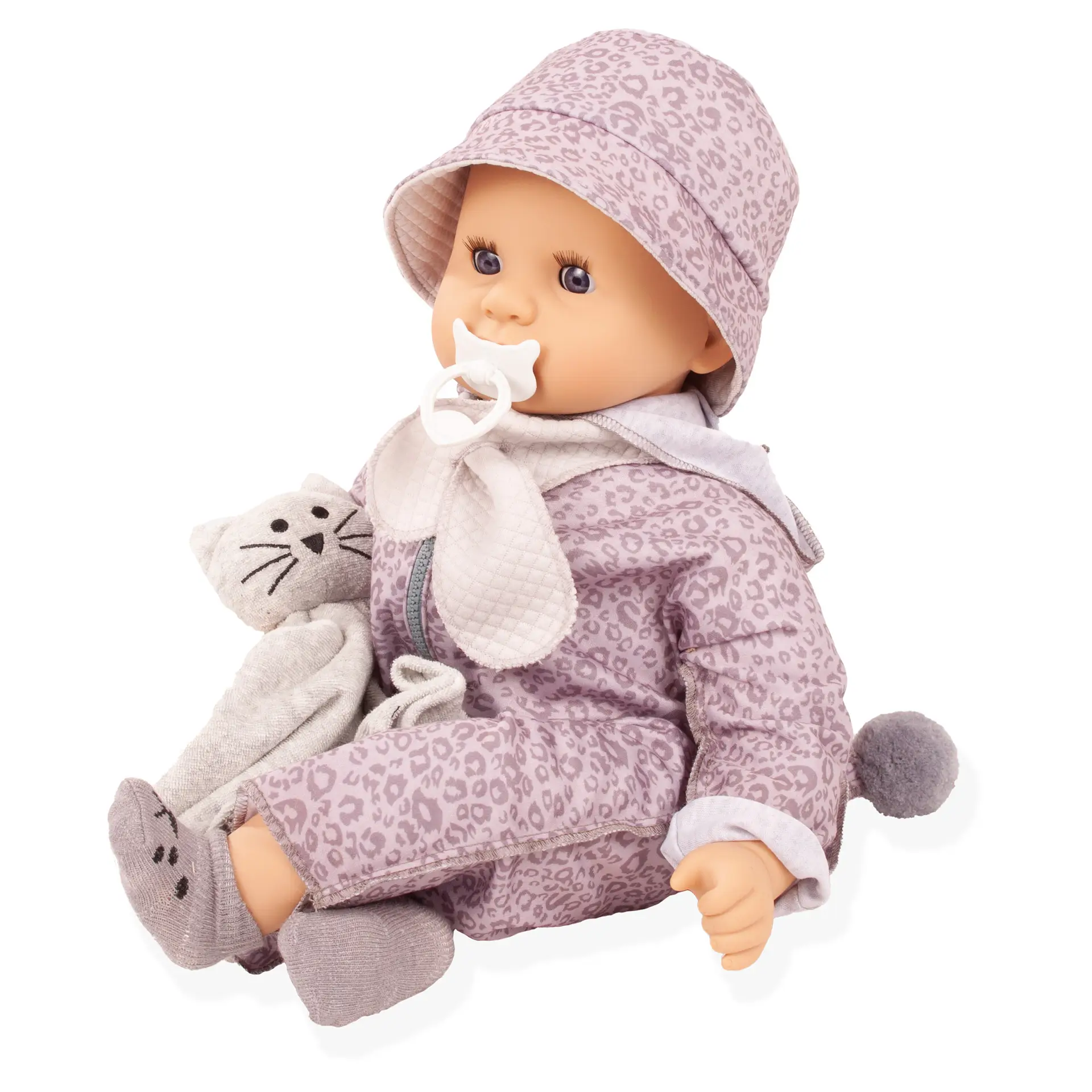 2561056-cookie-graue-katze-babypuppe-goetz cookie-graue-katze-babypuppe-goetz-anzug-getigert-hut-kuschelkatze-schal-schnuller-struempfe-schlafaugen-blaue-augen-ohne-haare