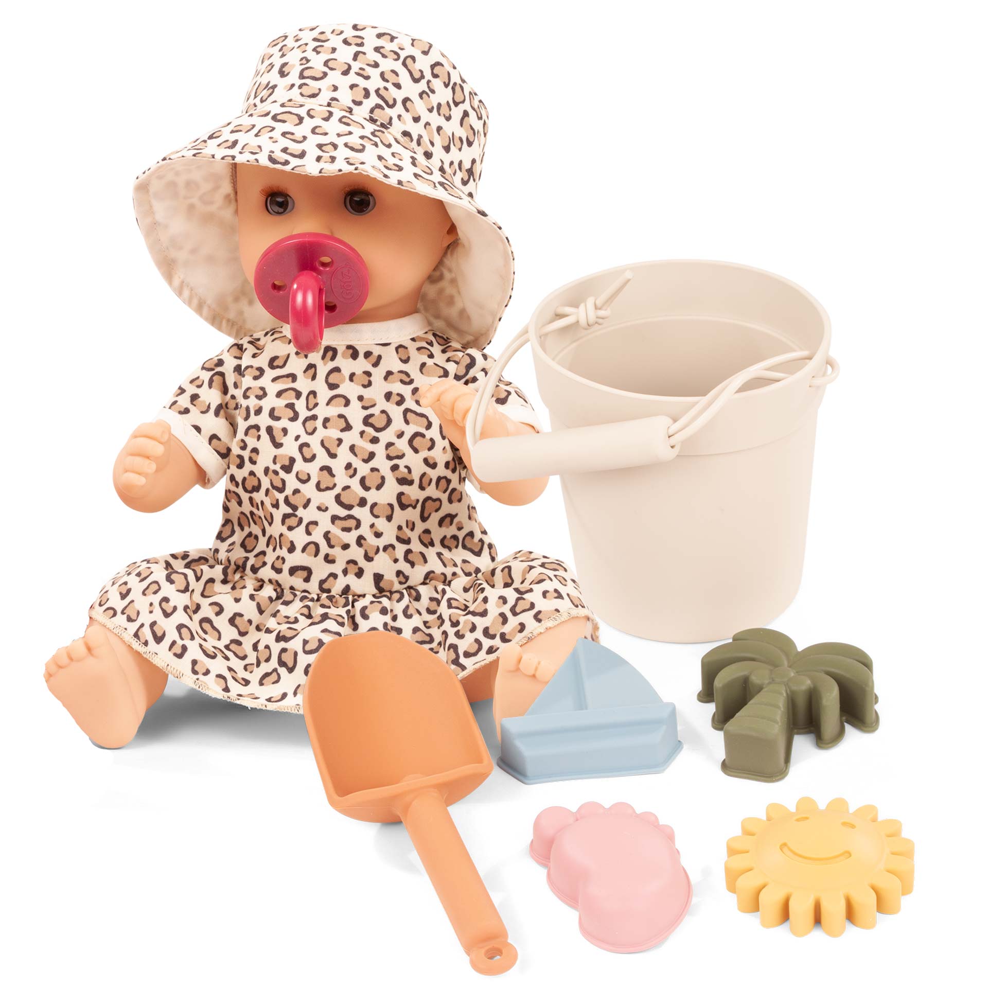 Badepuppe mit Schlafaugen Gr. 30 cm in getigerter Sommerkleidung mit Strandspielzeug: Schaufel, vier Foermchen und einem Eimer
