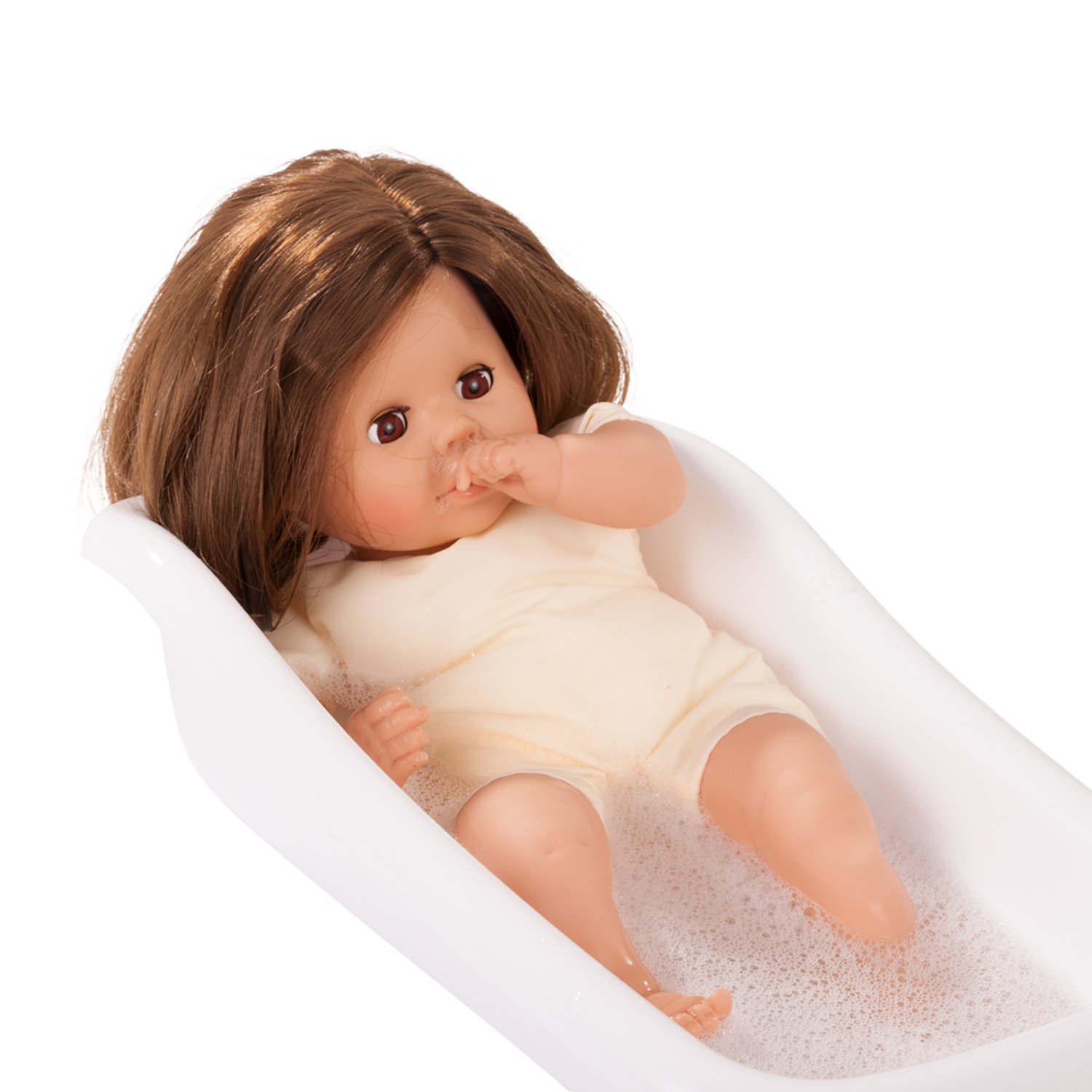 Cosy Aquini Badepuppe Goetz Badepuppe mit Weichkoerper braunen Haaren braunen Schlafaugen 33 cm groß in Badewanne