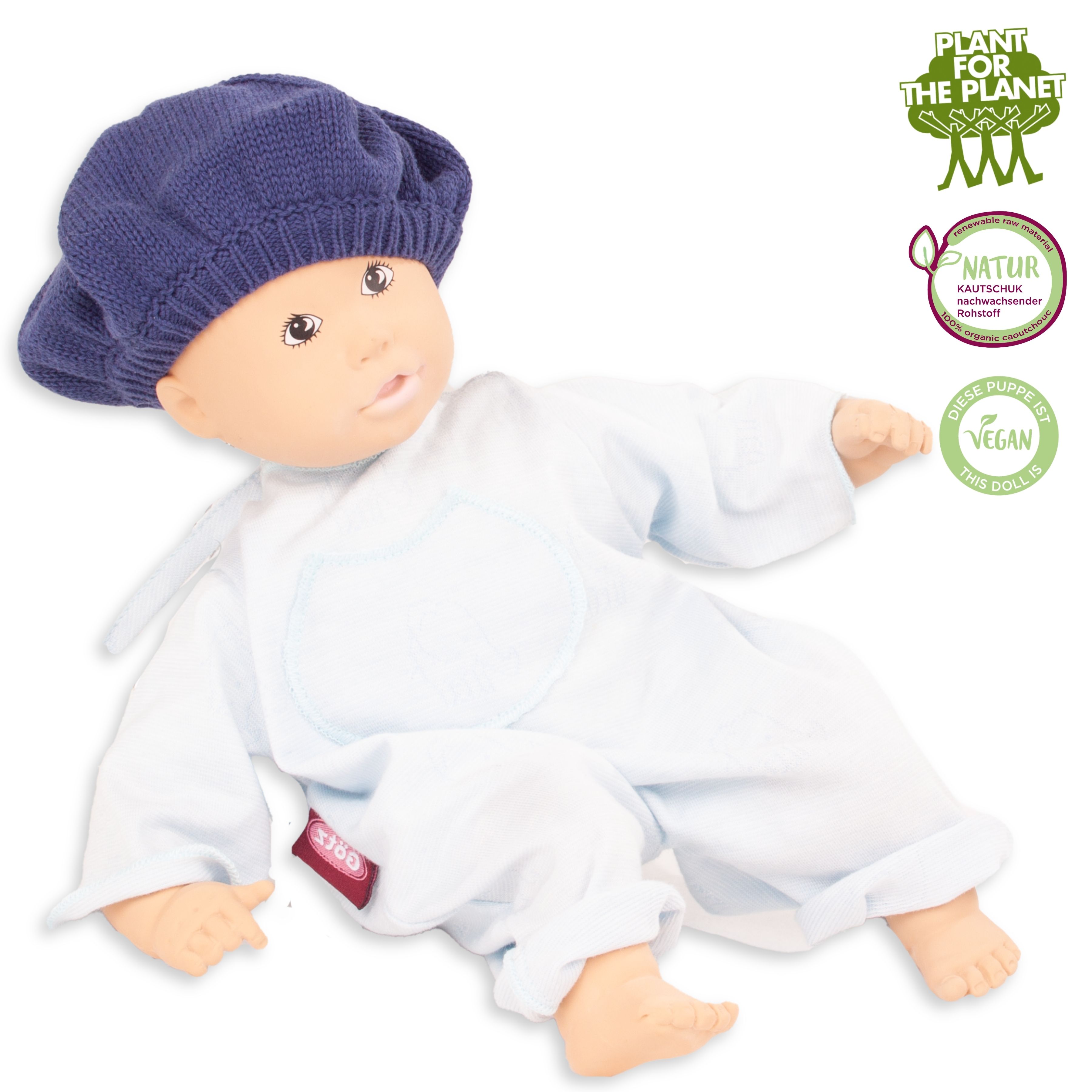 Babypuppe 33 cm aus Naturkautschuk und vegan mit gemalten Augen und einem blauen Strampler und Strickmuetze von Goetz