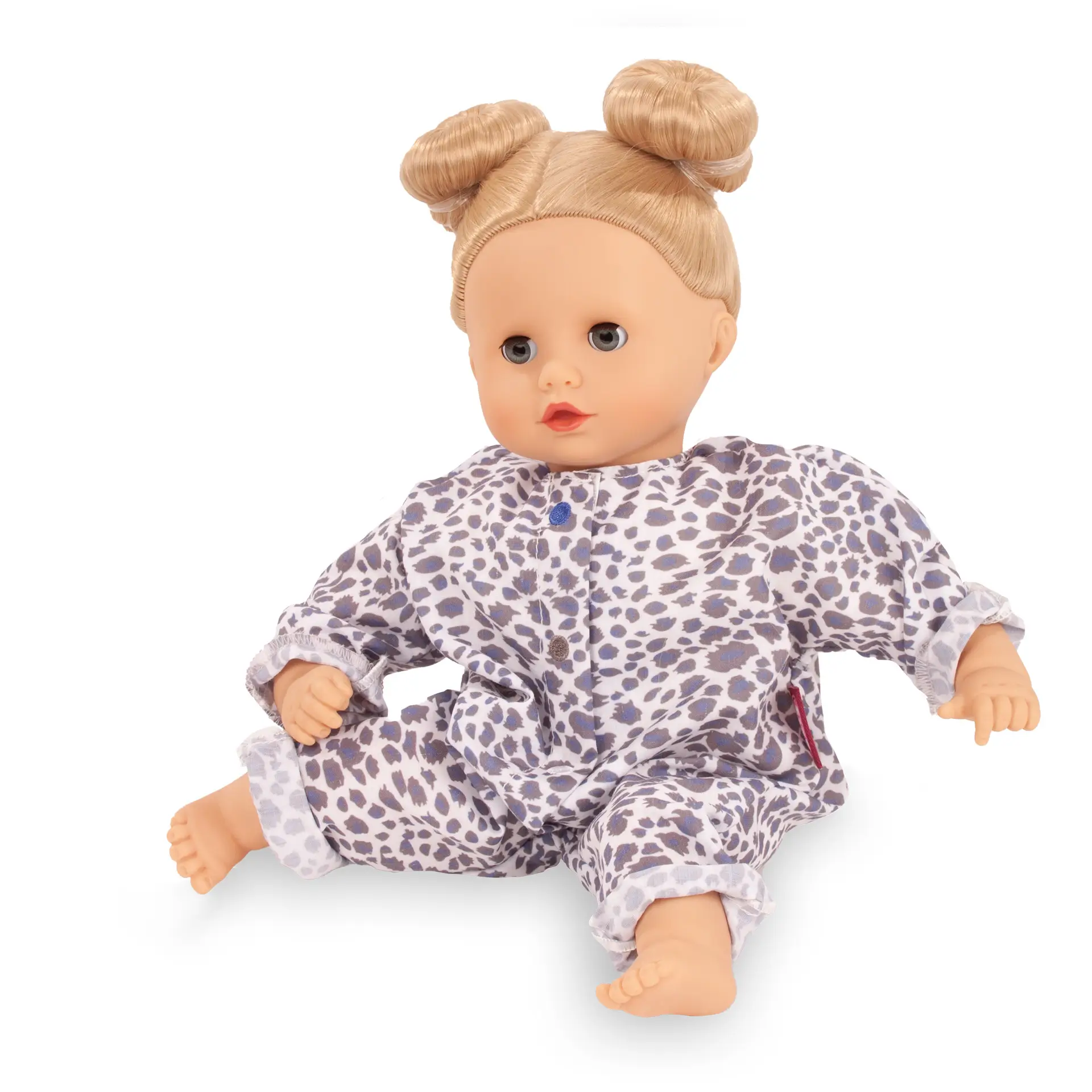 Bekleidungsset fuer Babypuppe Gr. 30-33cm mit Leopardenmuster in Blau-Beige. Von Goetz