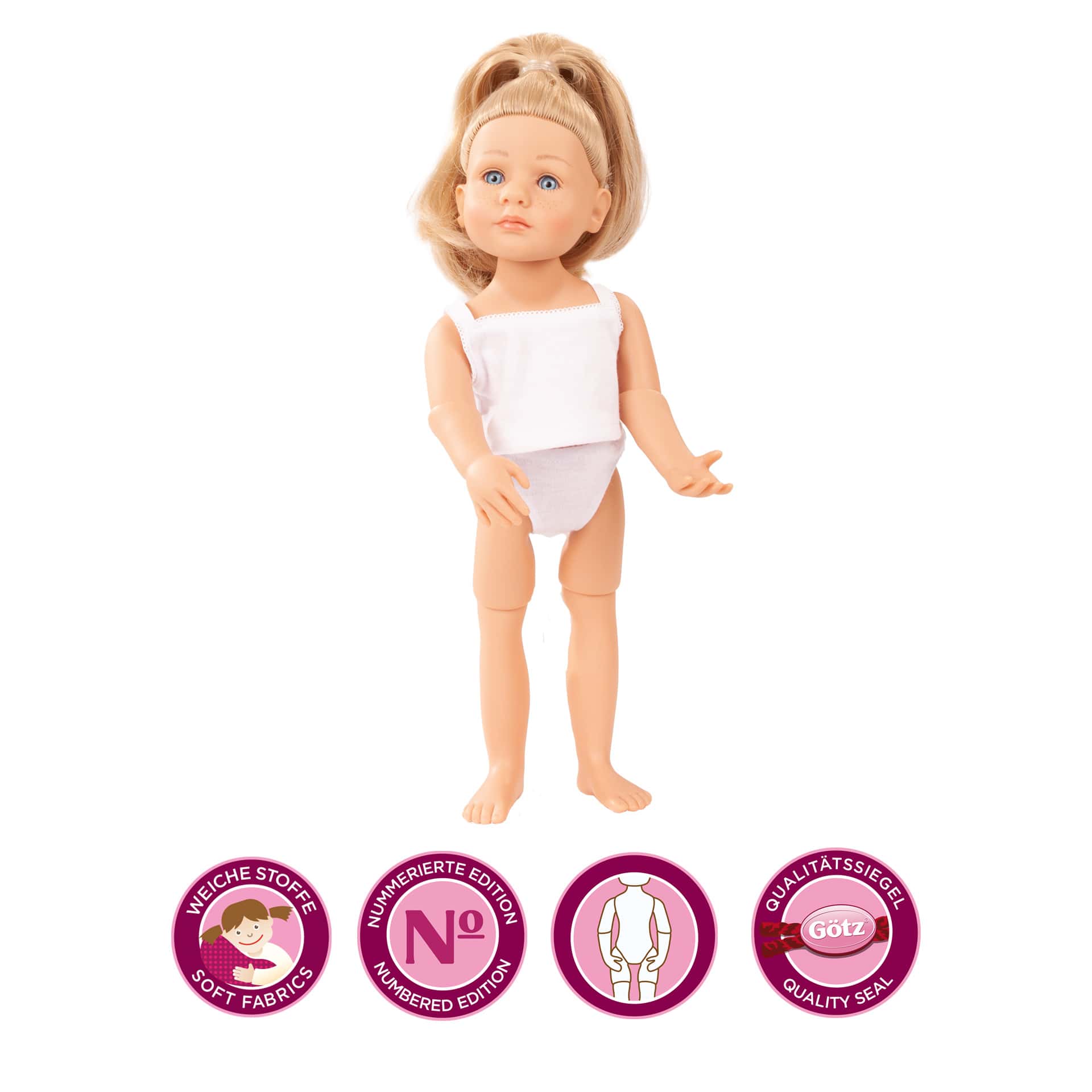 Little Kidz Standing Doll Goetz 36 cm tall standing doll with blond hair and blue eyes in underwear