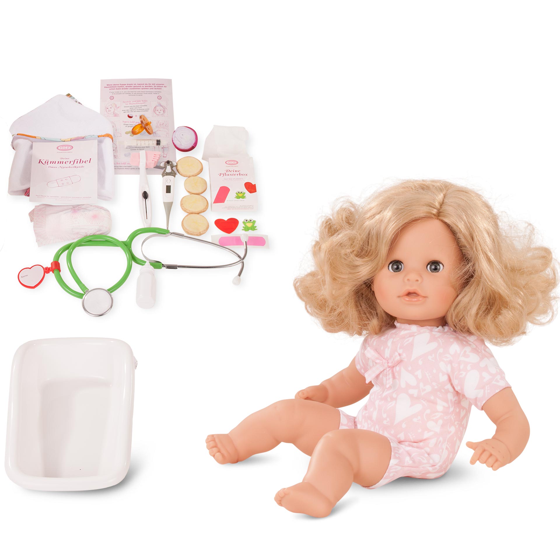 cosy-aquini-be-a-doctor-babypuppe-badewanne-spritze-badehandtuch-zwiebel-stethoskop-ingwerscheiben-fieberthermometer-reflexhammer-windel-flasche-schnuller-nabelbinde-kuemmerfibel-goetz