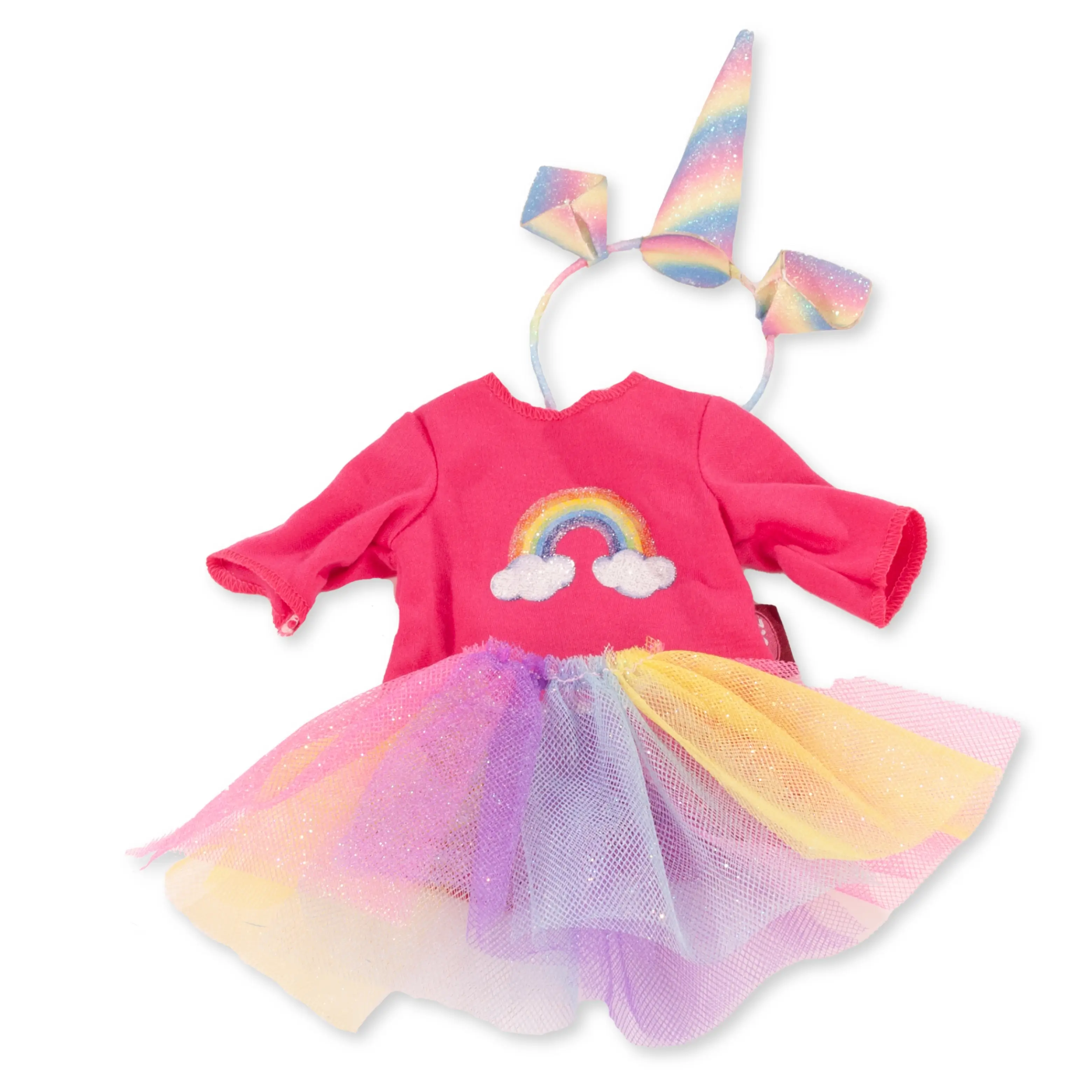 Set Regenbogen-Einhorn  fuer Gr. 36 cm und 30-33 cm. Bestehend aus einem pinkfarbenen Body mit Regenbogenmotiv, einem Einhorn-Haarreif und einem bunten Glitzer-Tutu von Goetz