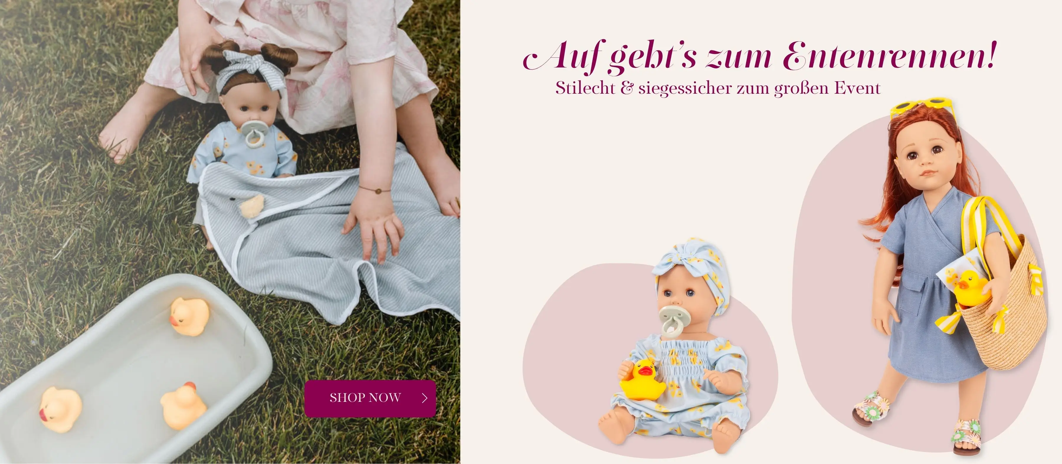 Babypuppen Gr. 30-33 cm und Stehpuppe Gr. 45-50 cm im Entendesign von Goetz