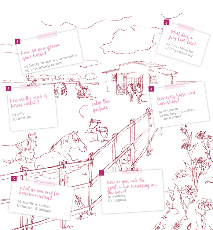 Pferde Quiz Goetz Drawn horse paddock with questions about horses