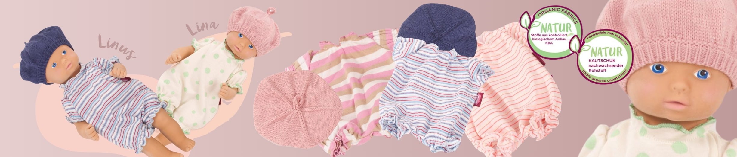 Bio Boutique Goetz 33 cm grosse Babypuppen aus Naturkautschuk mit Anzuegen und Baskenmuetzen aus kba Stoffen